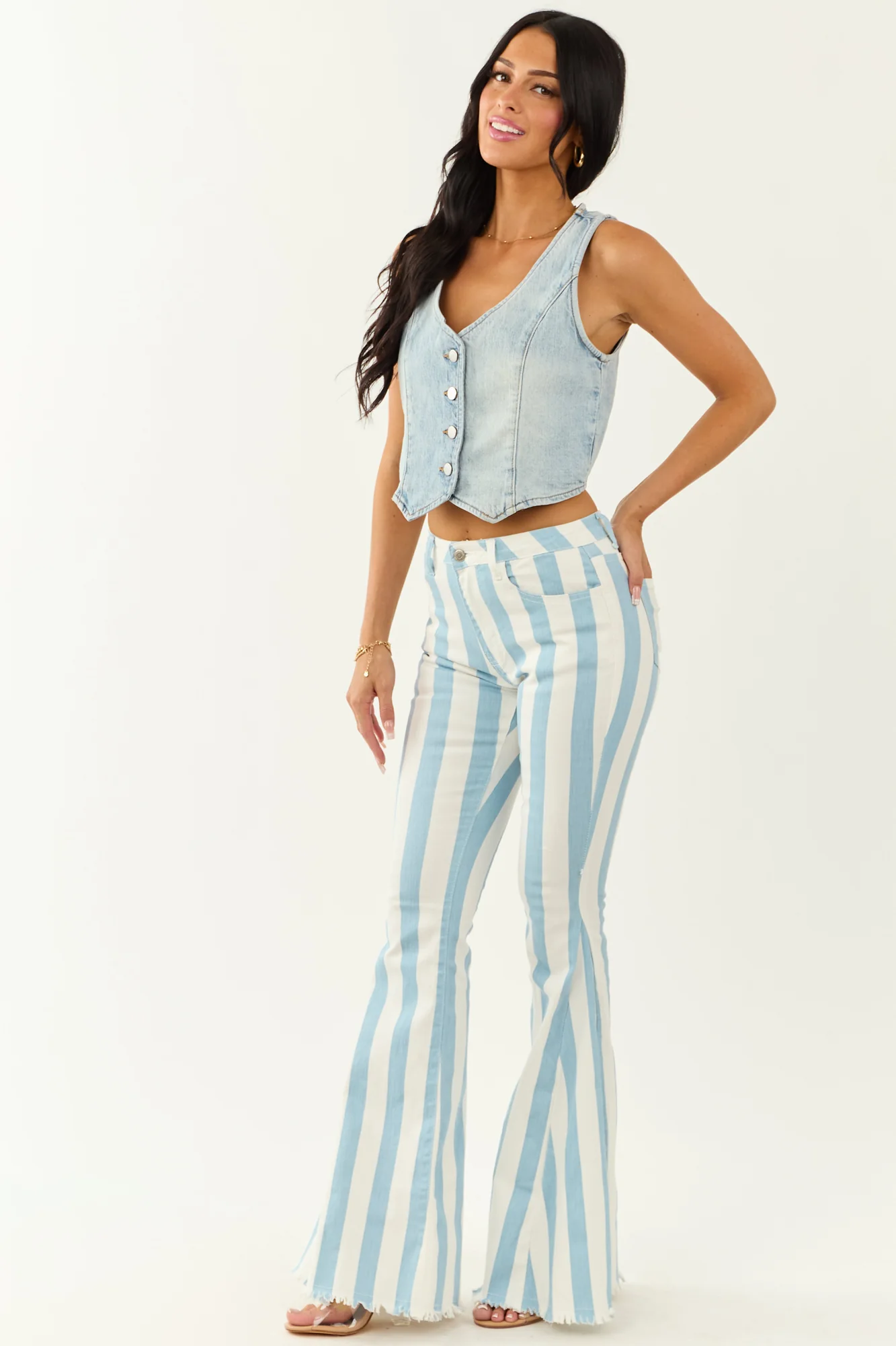 Powder Blue Striped High Rise Flare Jeans