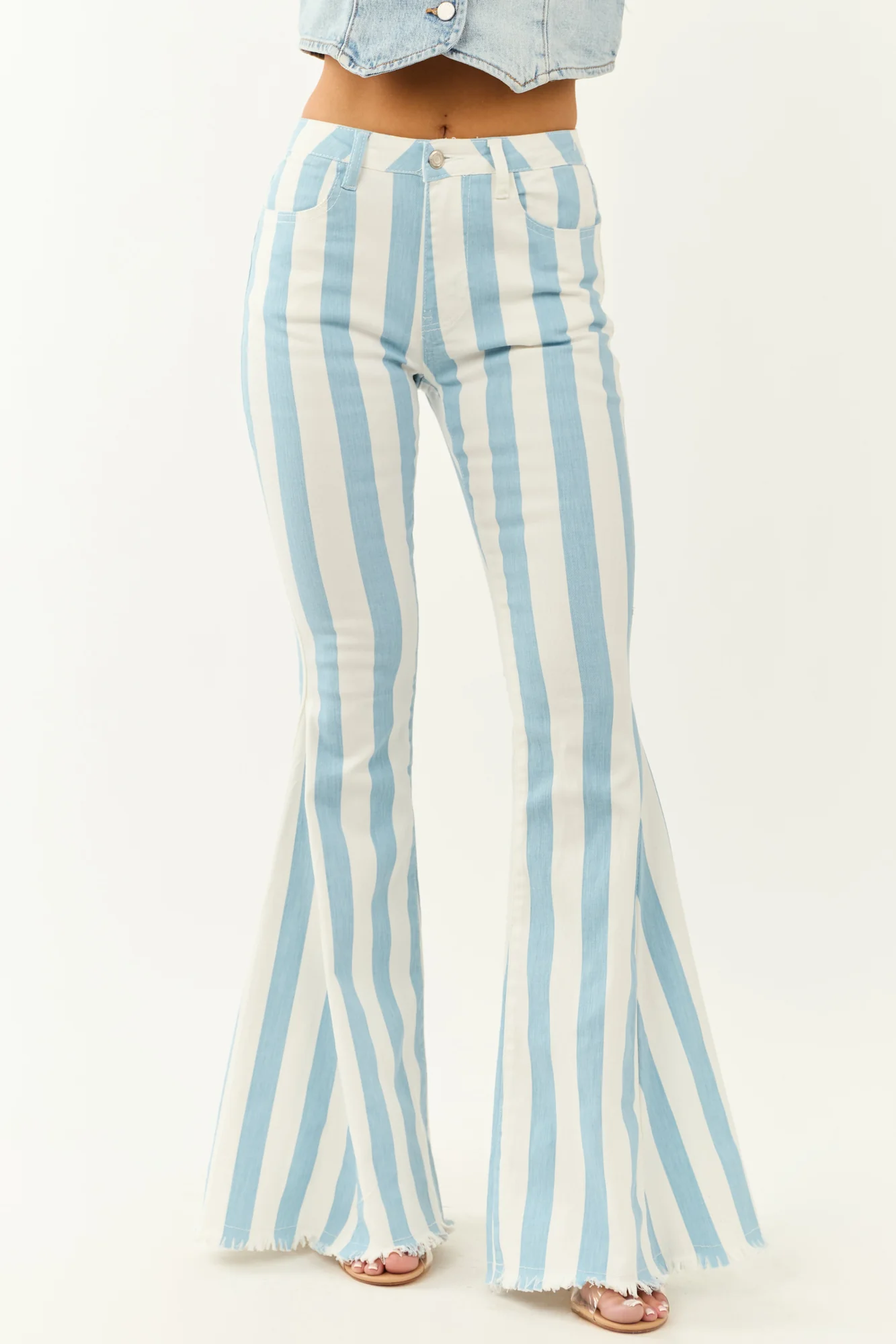 Powder Blue Striped High Rise Flare Jeans