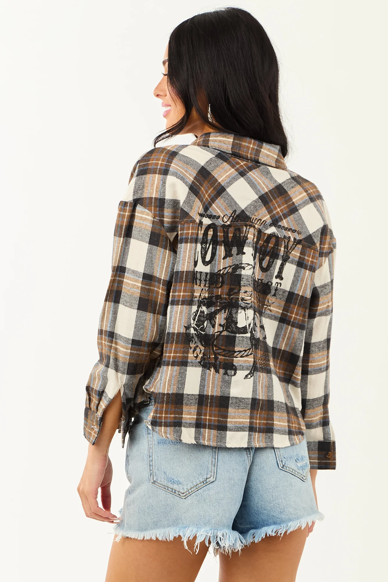Graphic Plaid Long Sleeve Shirt in Cognac, Black, and Dusty Blue
