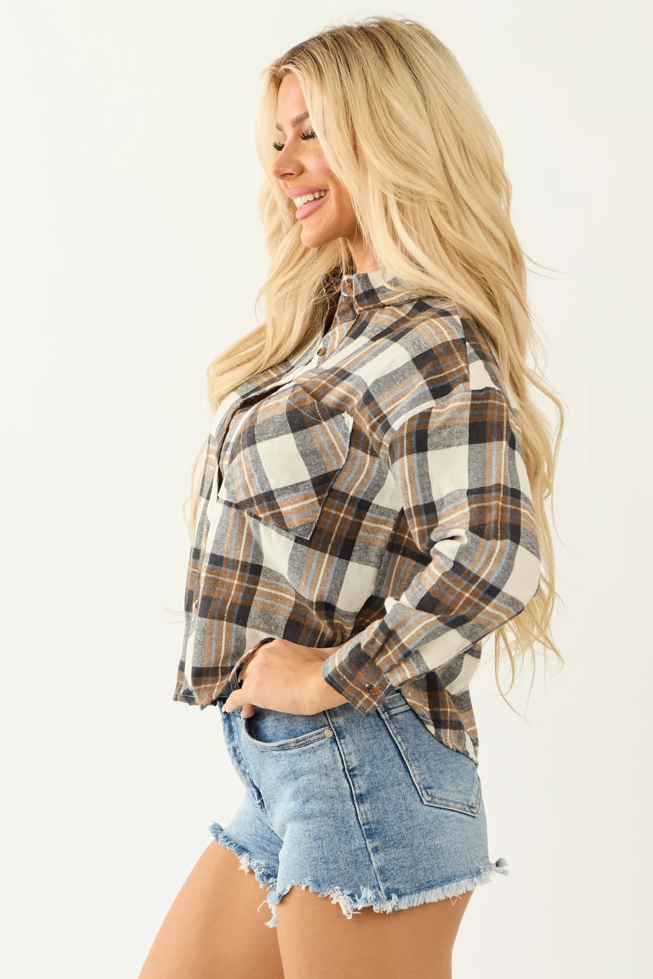 Graphic Plaid Long Sleeve Shirt in Cognac, Black, and Dusty Blue