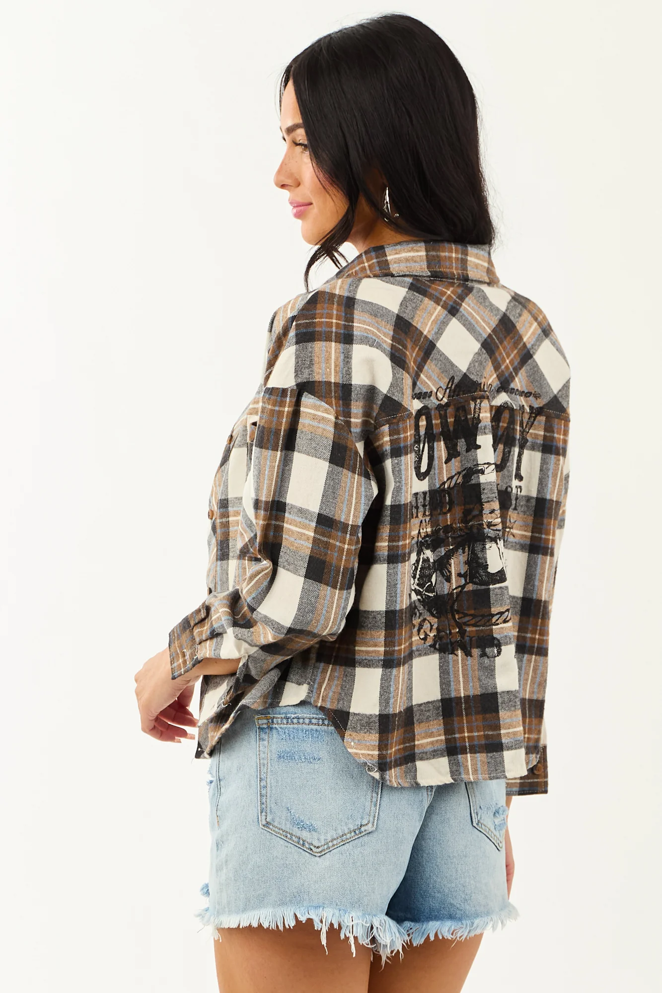 Graphic Plaid Long Sleeve Shirt in Cognac, Black, and Dusty Blue