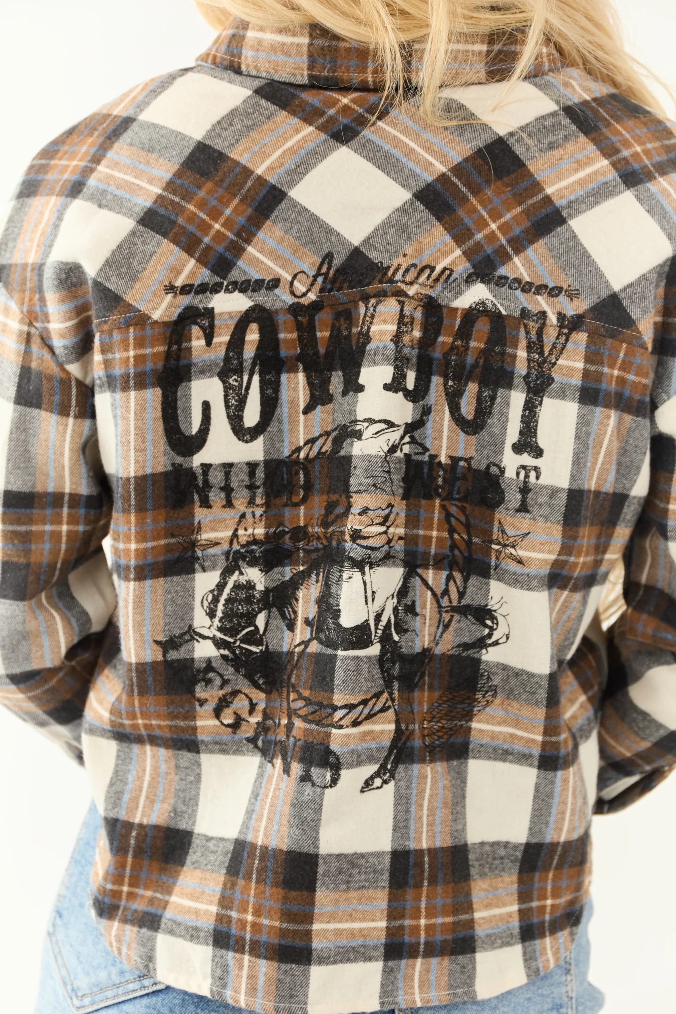 Graphic Plaid Long Sleeve Shirt in Cognac, Black, and Dusty Blue