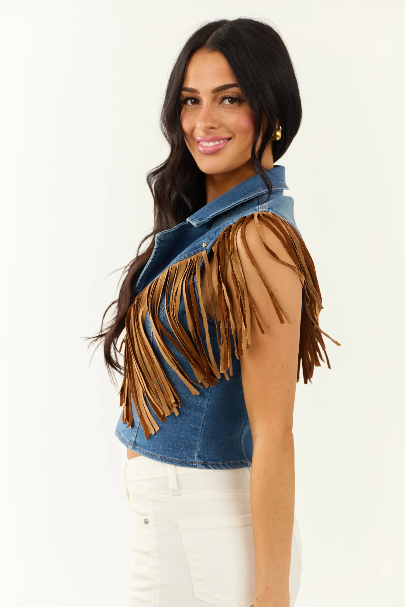 Fringe Denim Vest Zip Up Cowgirl Rockstar Style