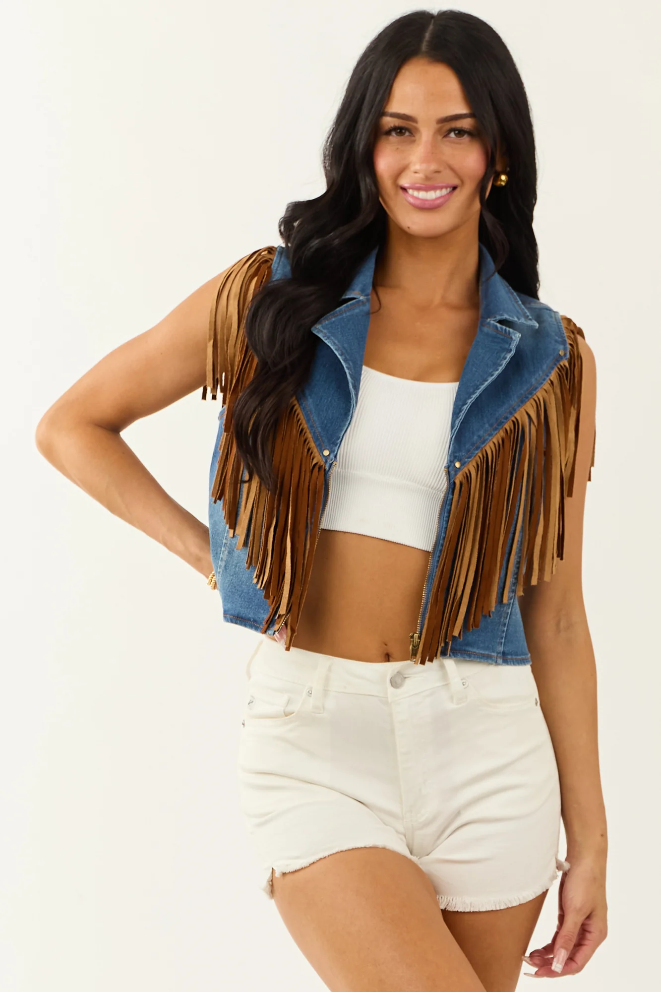 Fringe Denim Vest Zip Up Cowgirl Rockstar Style