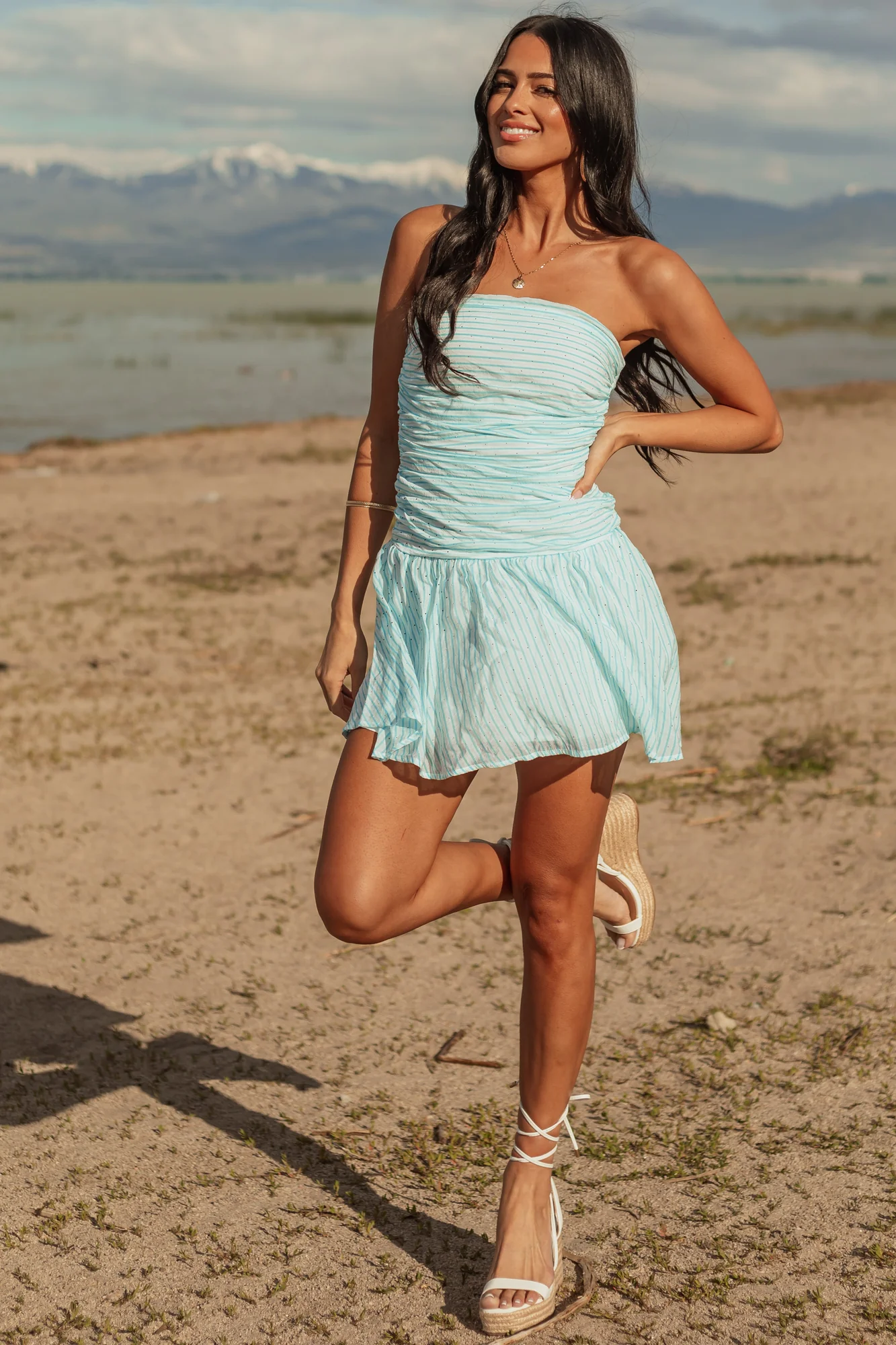 Aqua Striped Strapless Mini Dress with Rhinestone Embellishments