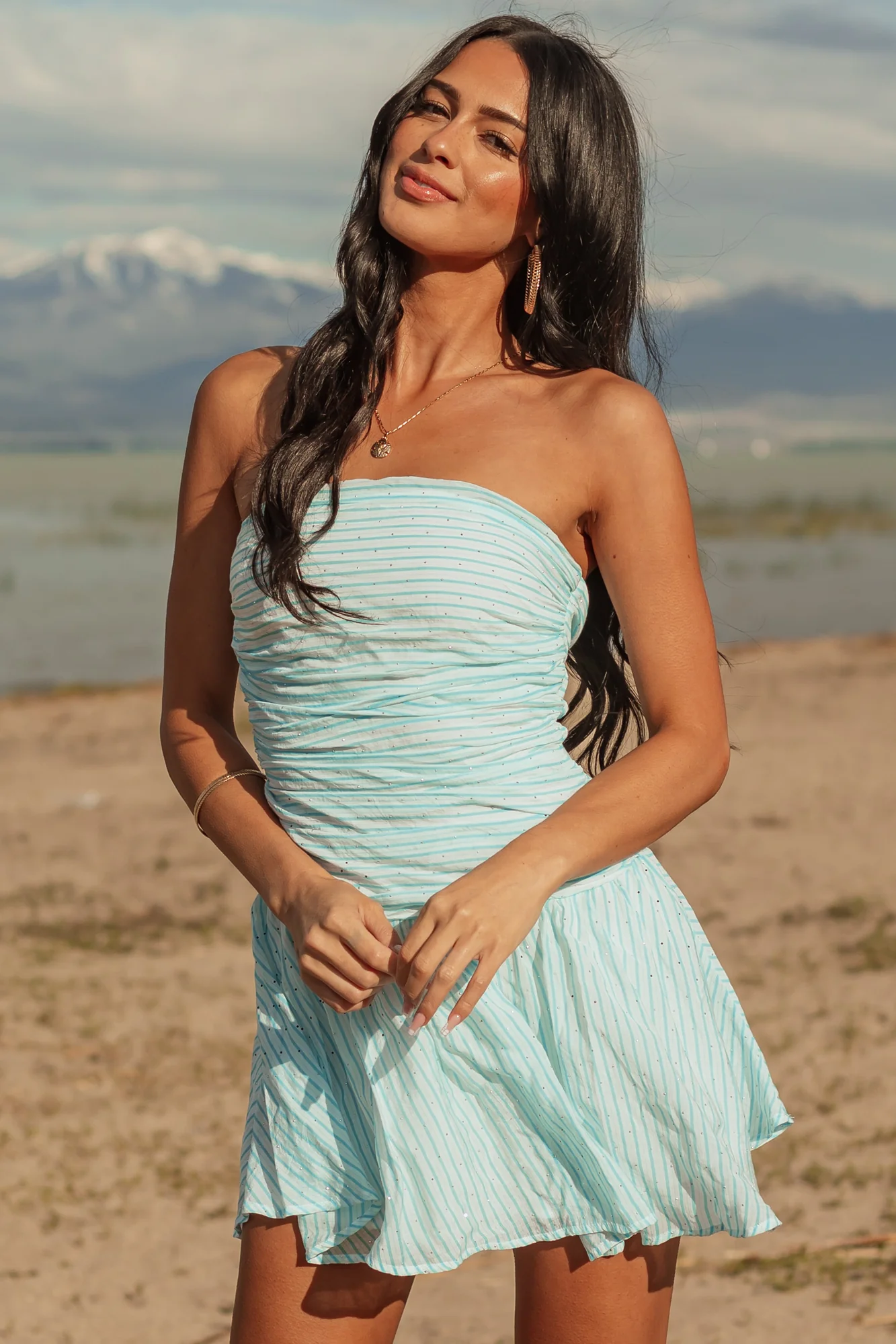 Aqua Striped Strapless Mini Dress with Rhinestone Embellishments