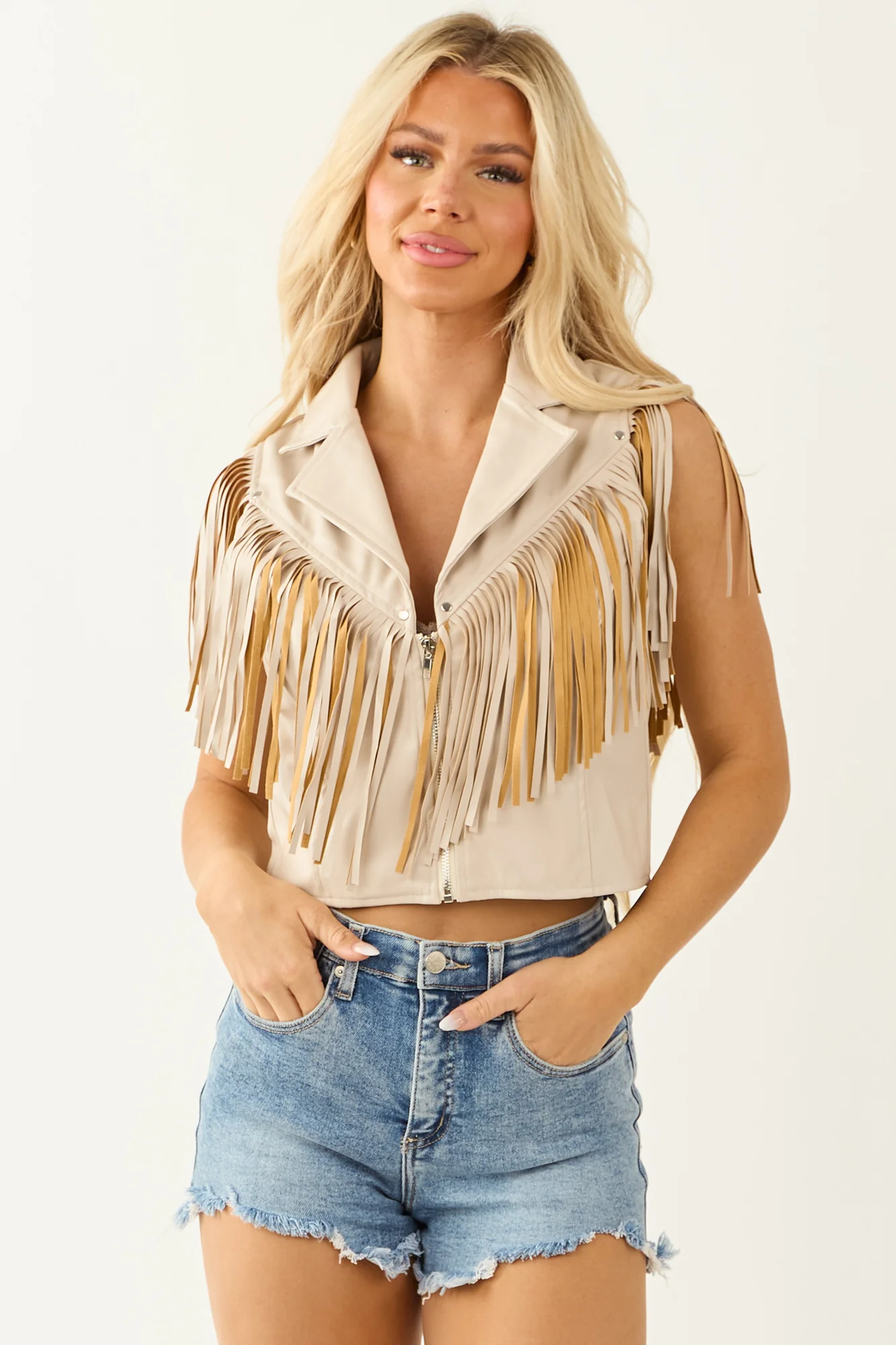 Champagne Tassel Zip Up Western Vest