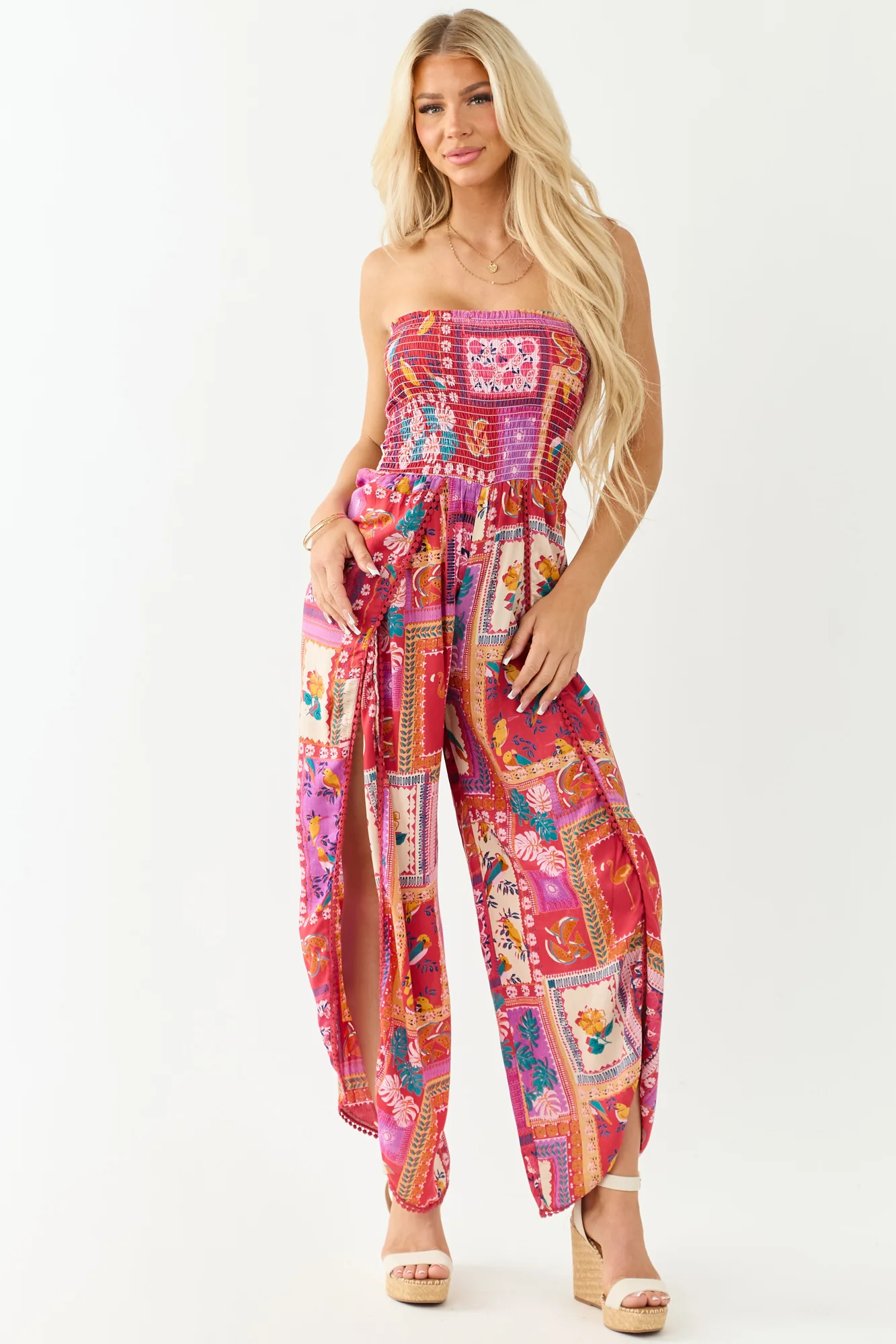 Ruby Abstract Print Strapless Jumpsuit with Side Slit