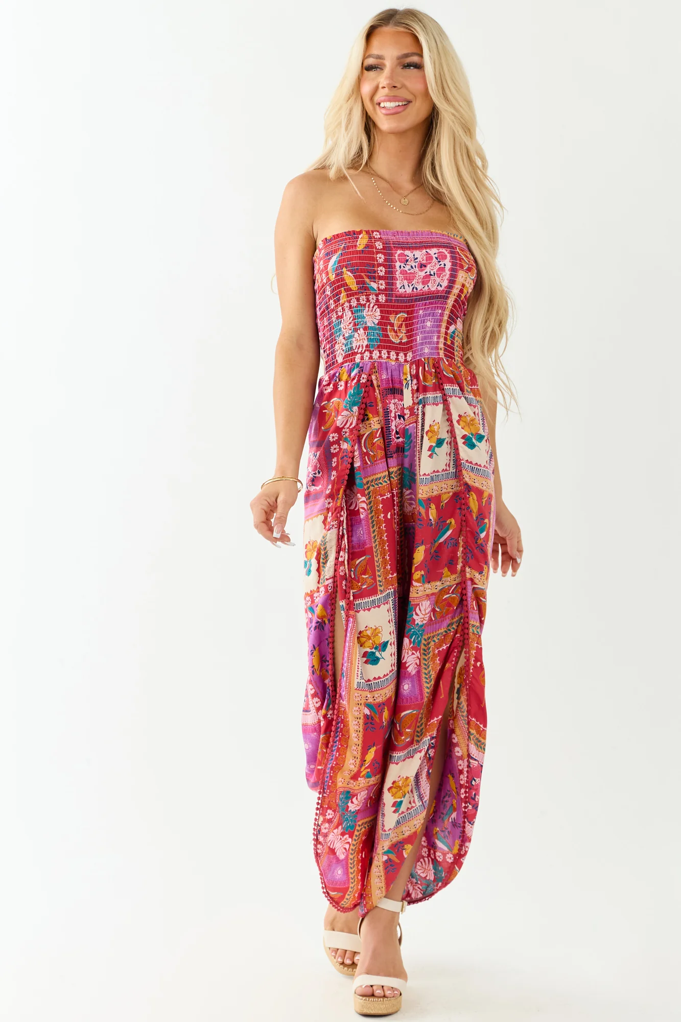 Ruby Abstract Print Strapless Jumpsuit with Side Slit