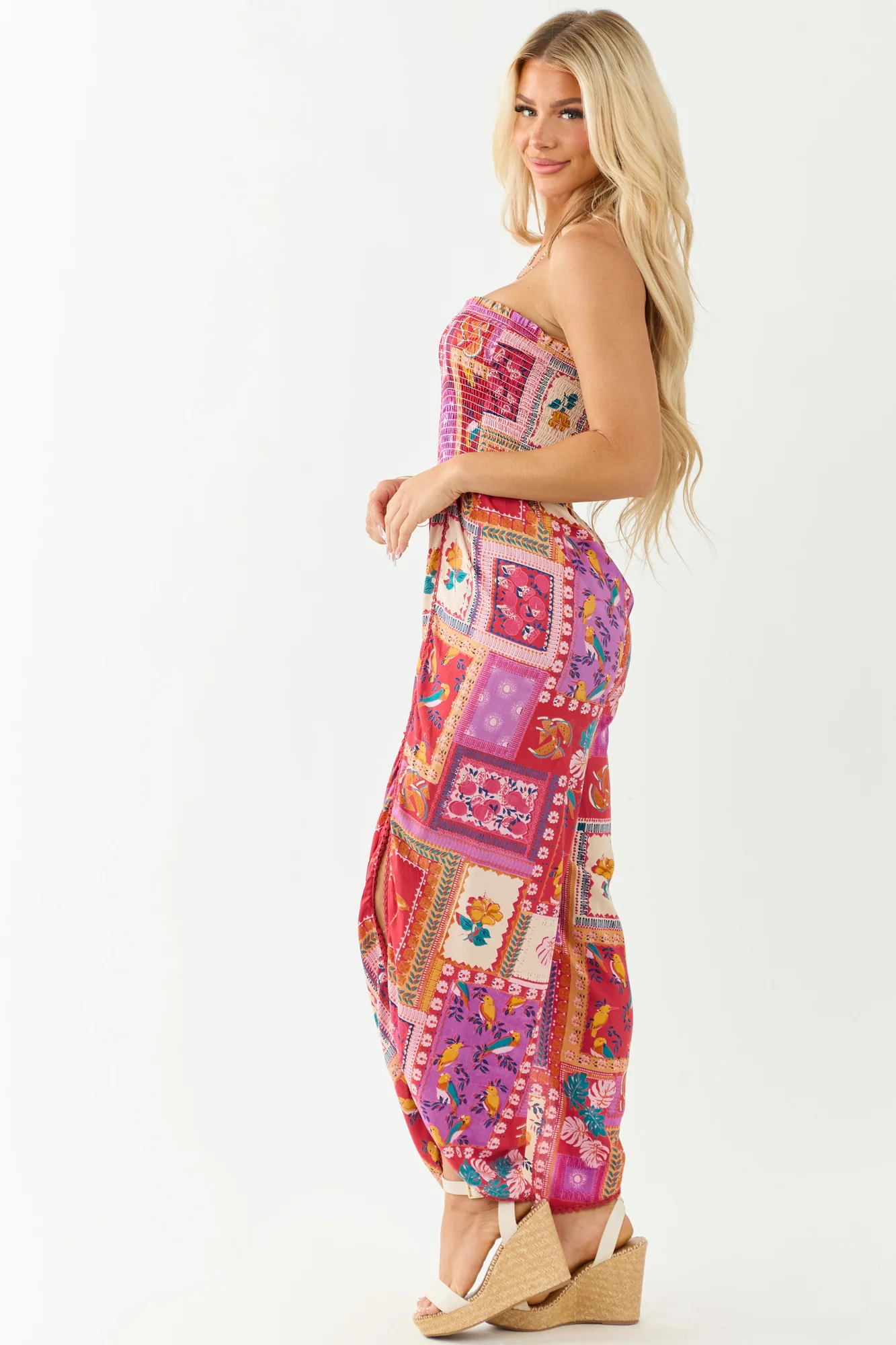 Ruby Abstract Print Strapless Jumpsuit with Side Slit
