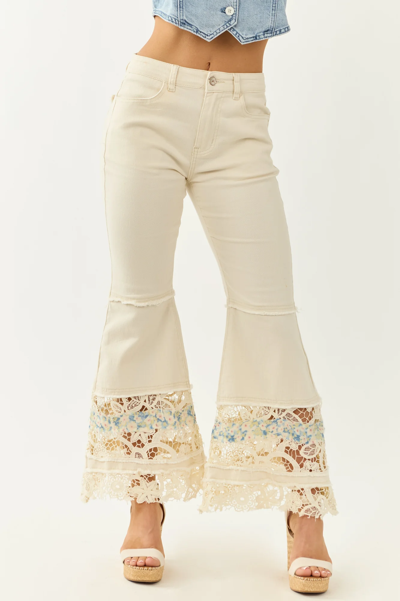 Cream Lace High Rise Flare Jeans with Delicate Details