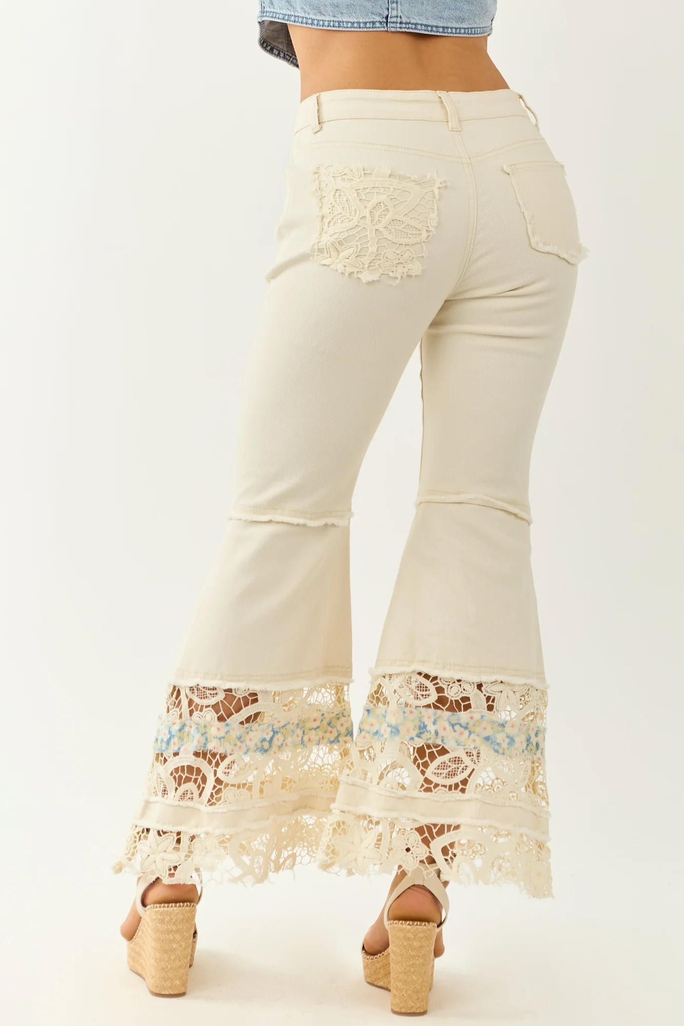 Cream Lace High Rise Flare Jeans with Delicate Details
