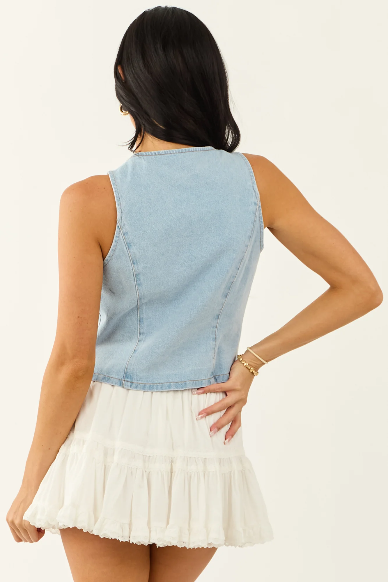 Denim Lace Trim Tie Front Vest - Light Blue Sleeveless Top