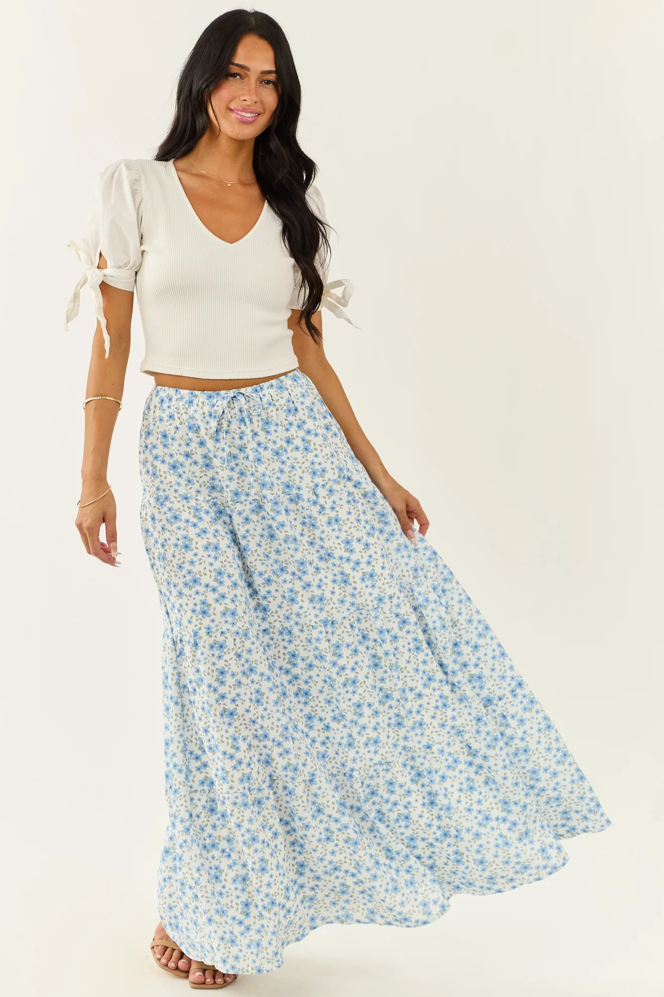 Ivory Floral Flowy Maxi Skirt - Summer Breeze Style