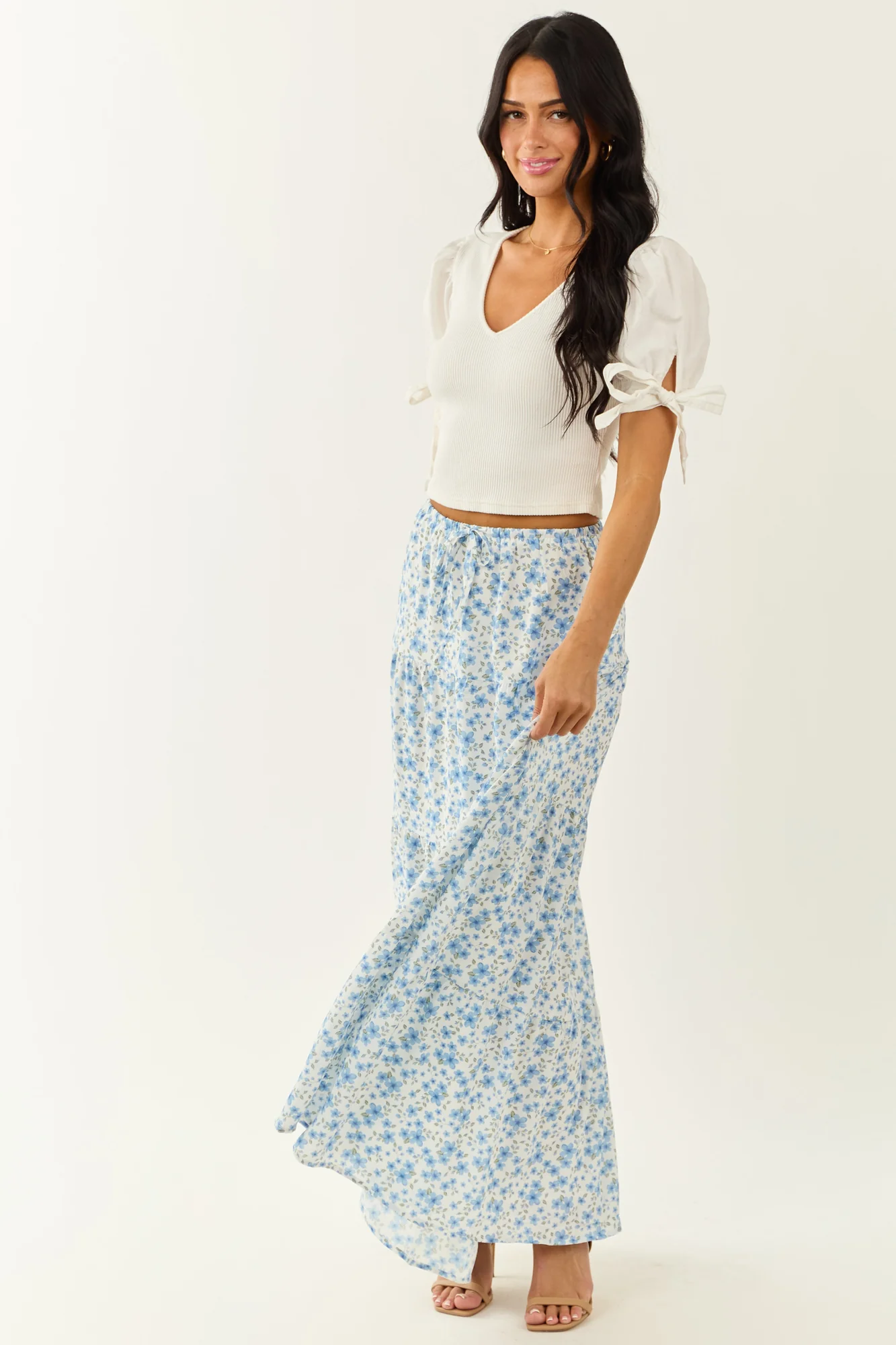 Ivory Floral Flowy Maxi Skirt - Summer Breeze Style