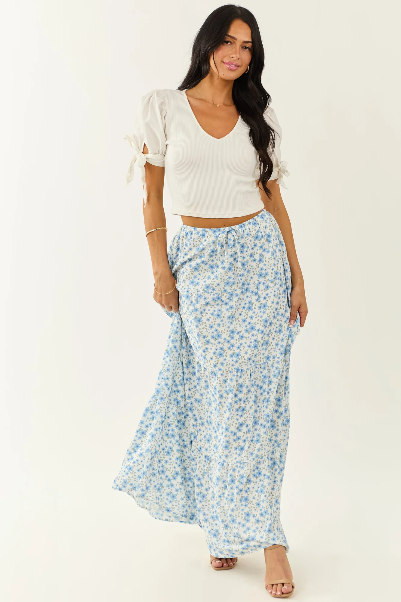 Ivory Floral Flowy Maxi Skirt - Summer Breeze Style