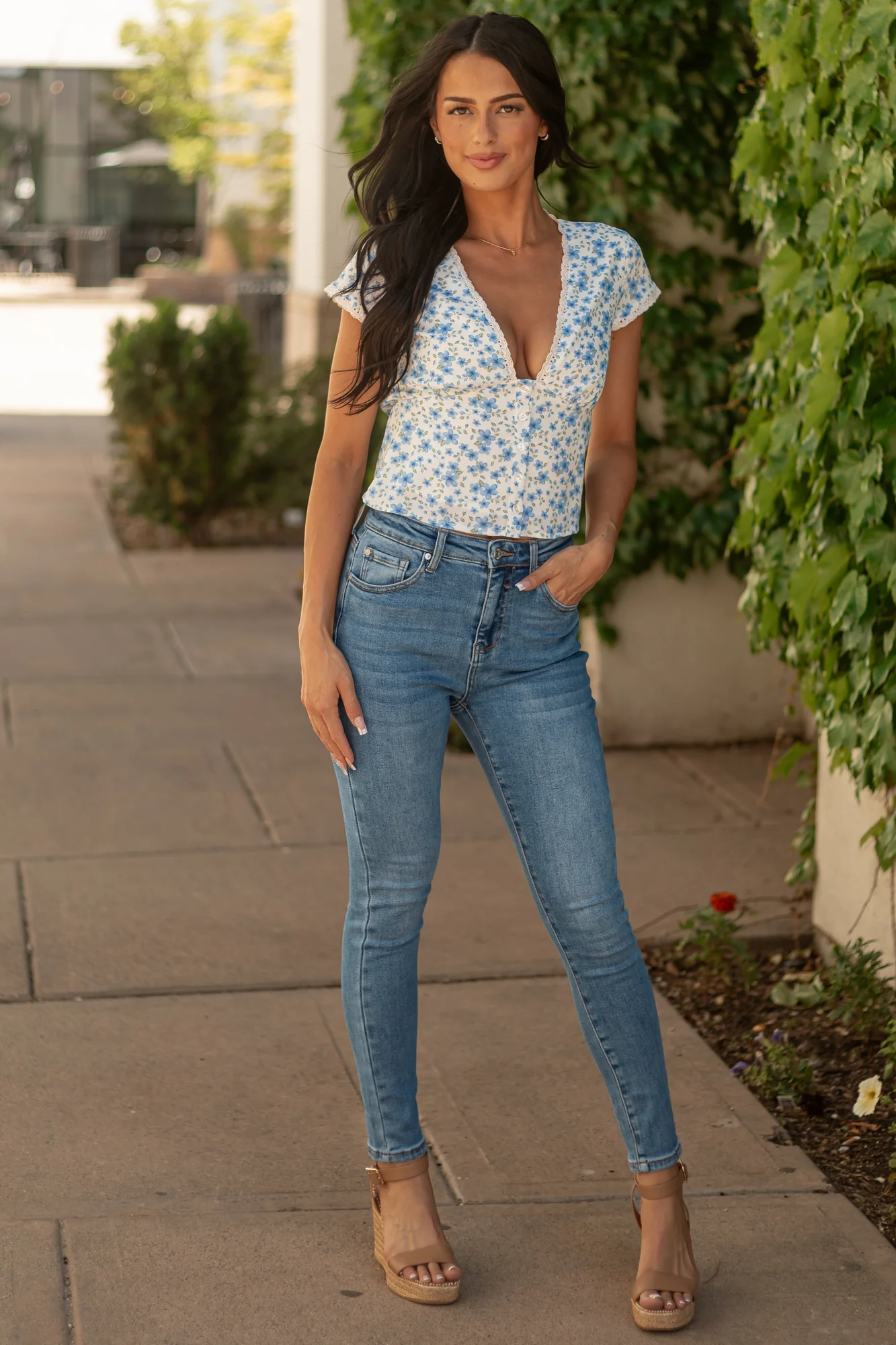 Floral Deep V Cap Sleeve Ivory Blouse