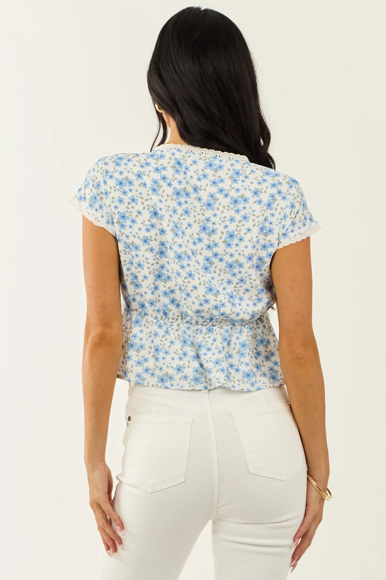 Floral Deep V Cap Sleeve Ivory Blouse