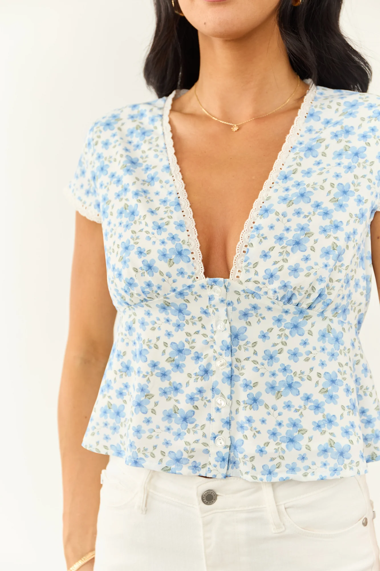 Floral Deep V Cap Sleeve Ivory Blouse