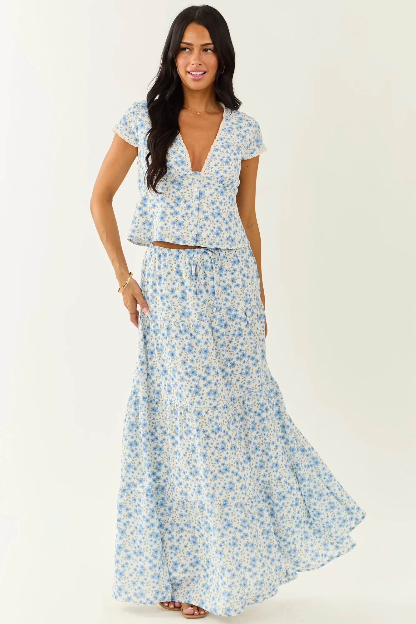 Floral Deep V Cap Sleeve Ivory Blouse