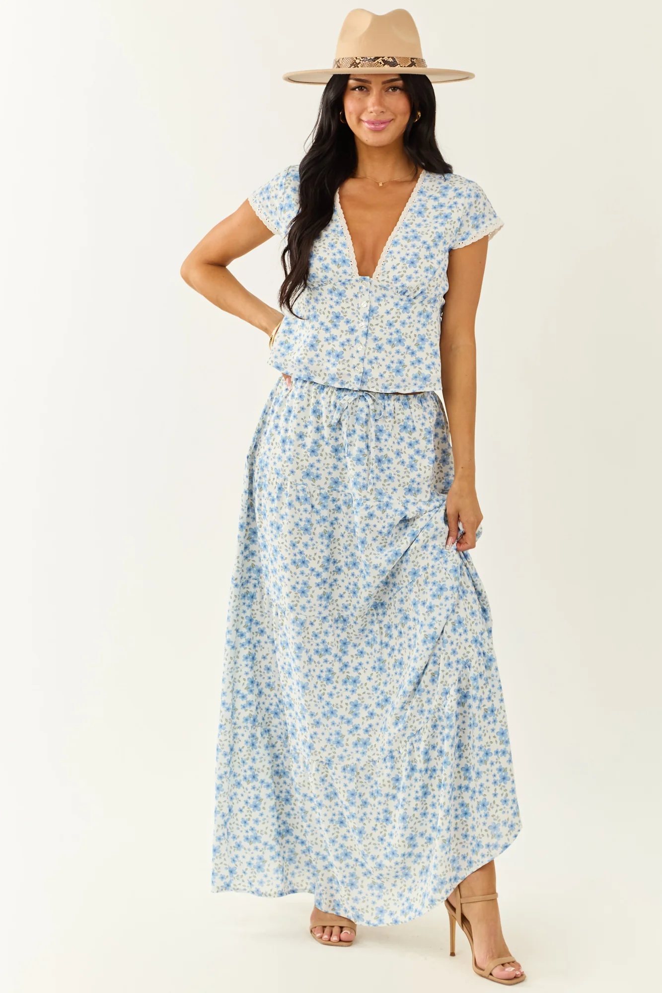 Floral Deep V Cap Sleeve Ivory Blouse