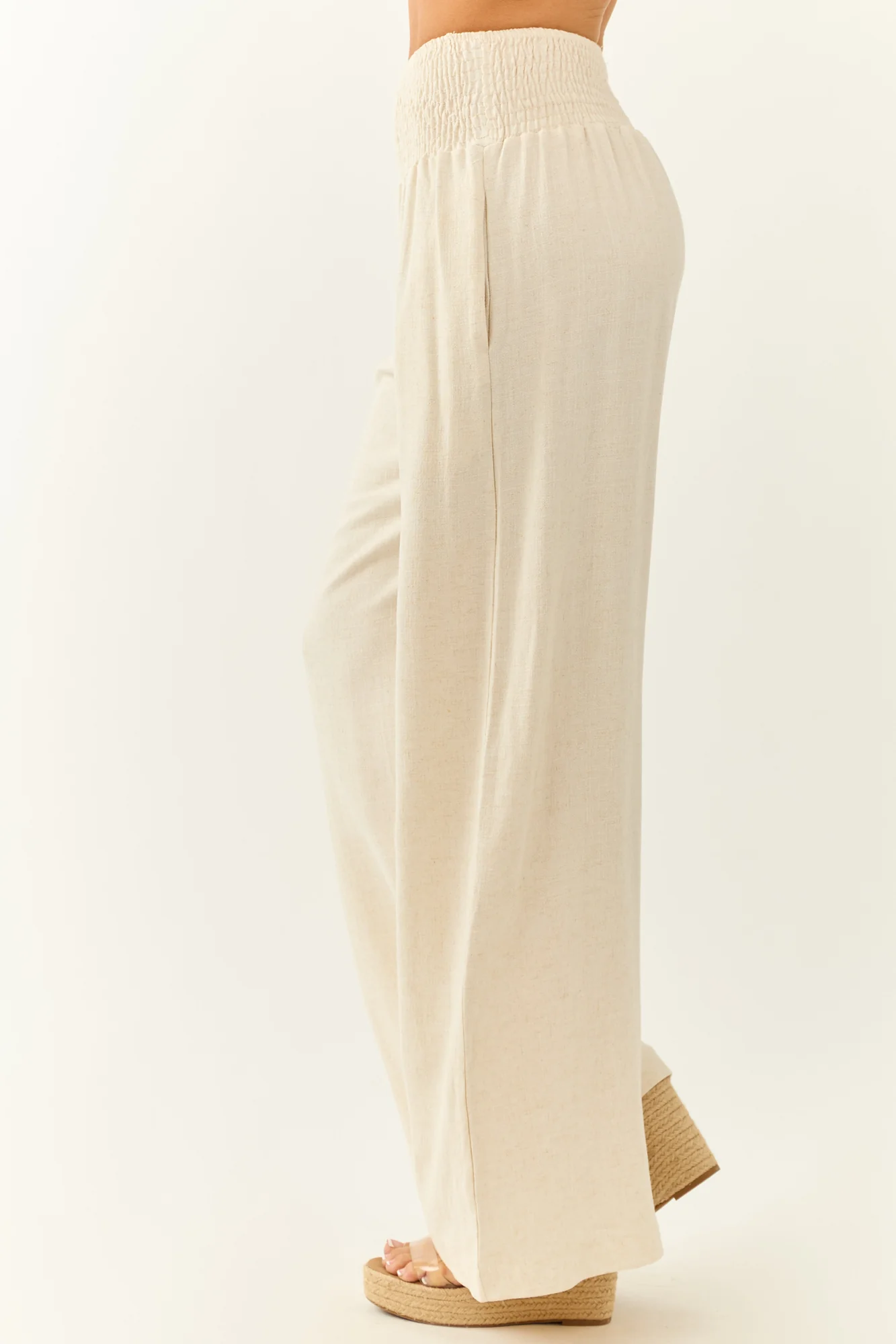 Almond Linen Wide Leg High Waisted Pants