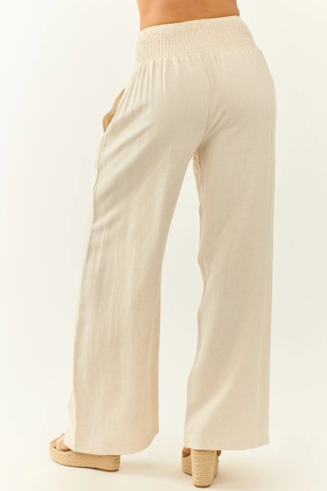 Almond Linen Wide Leg High Waisted Pants