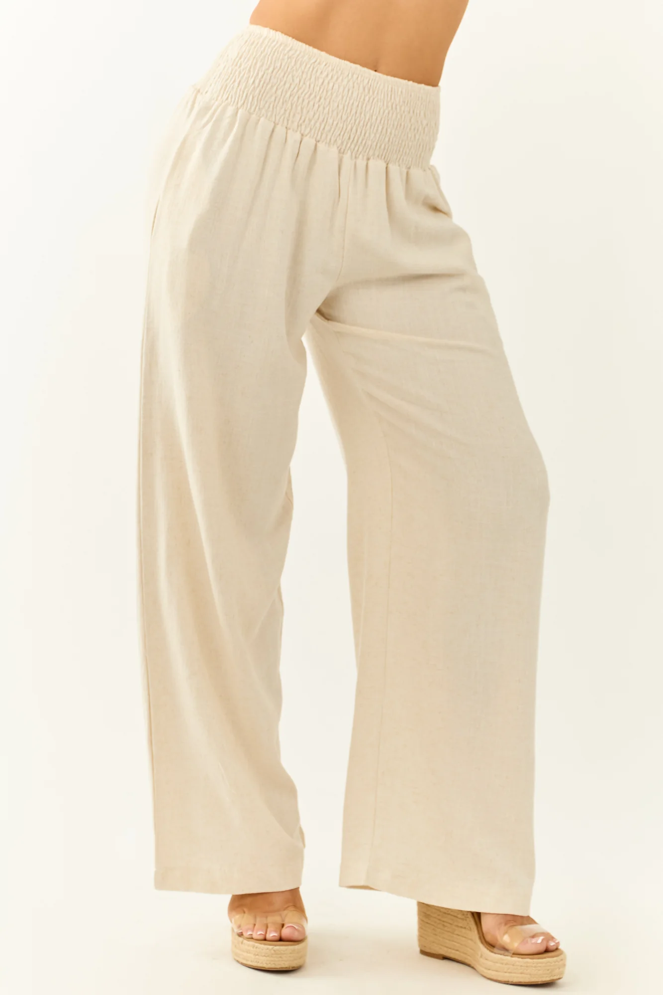Almond Linen Wide Leg High Waisted Pants