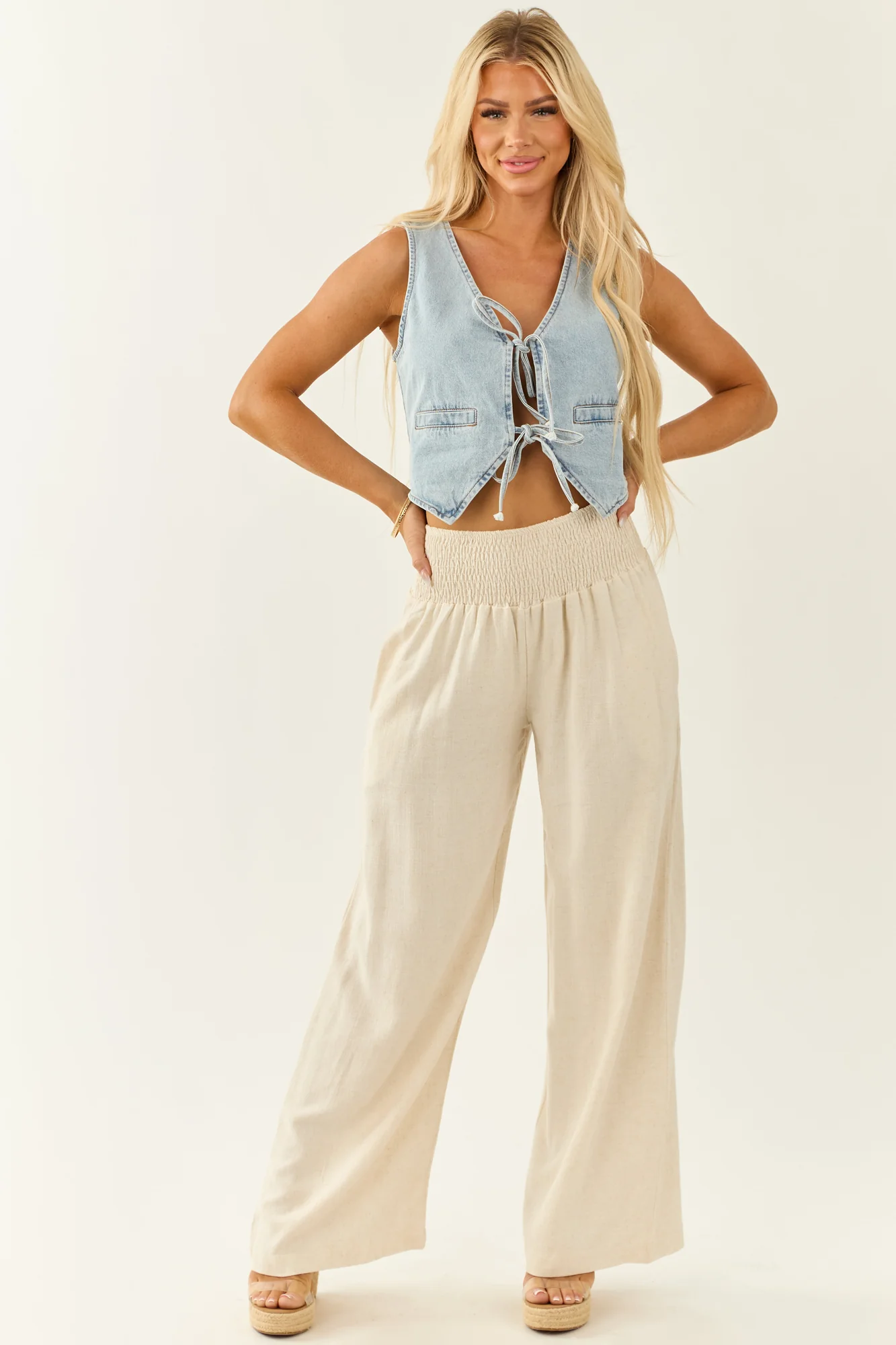 Almond Linen Wide Leg High Waisted Pants