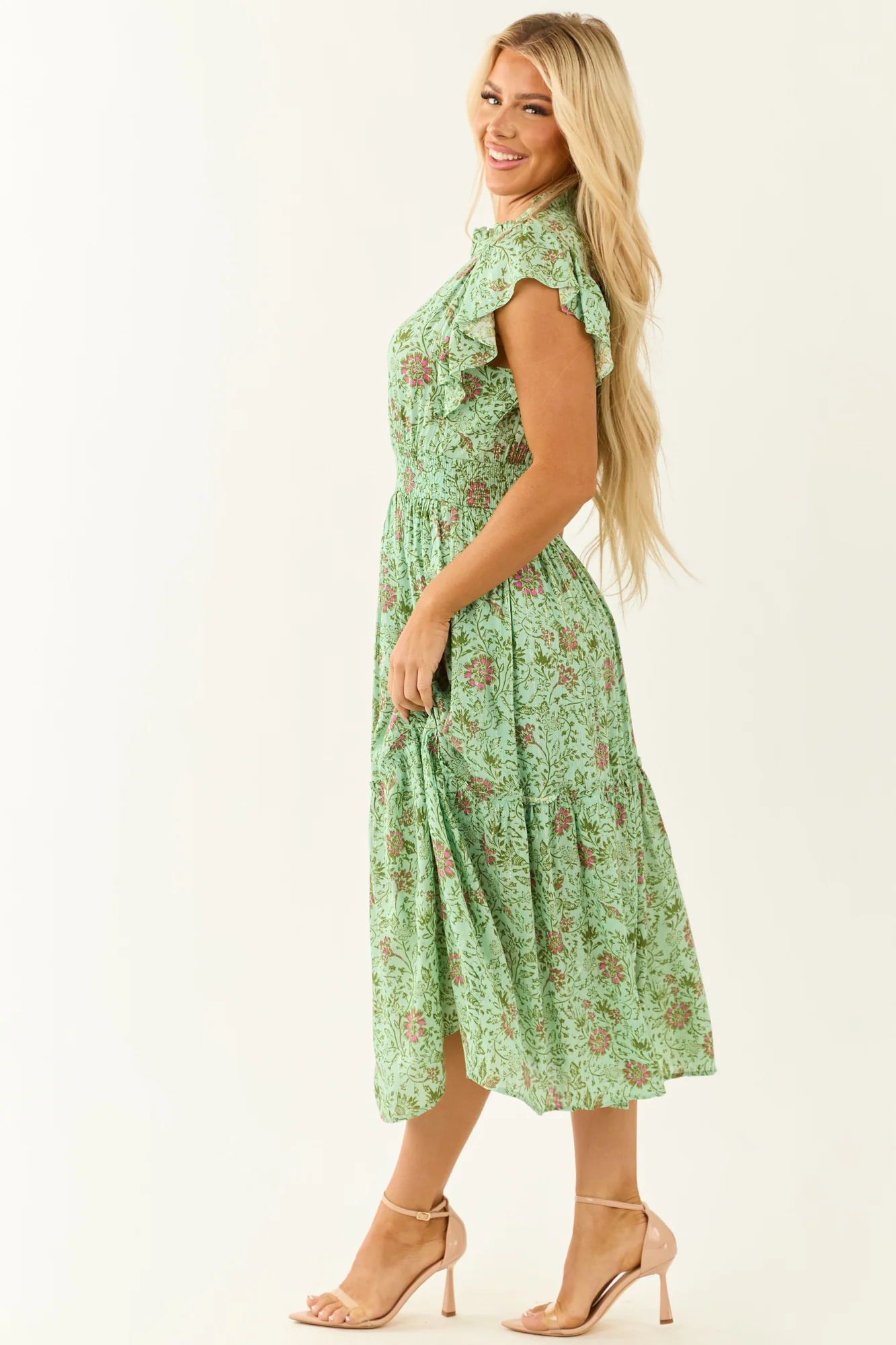 Olive Floral Smocked Waist Tiered Midi Dress