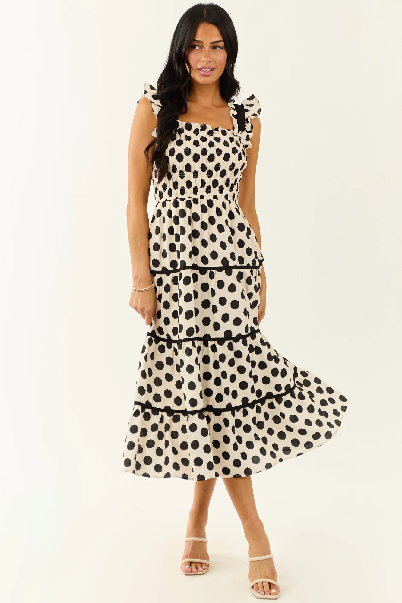 Sleeveless Polka Dot Midi Dress in Cream and Black