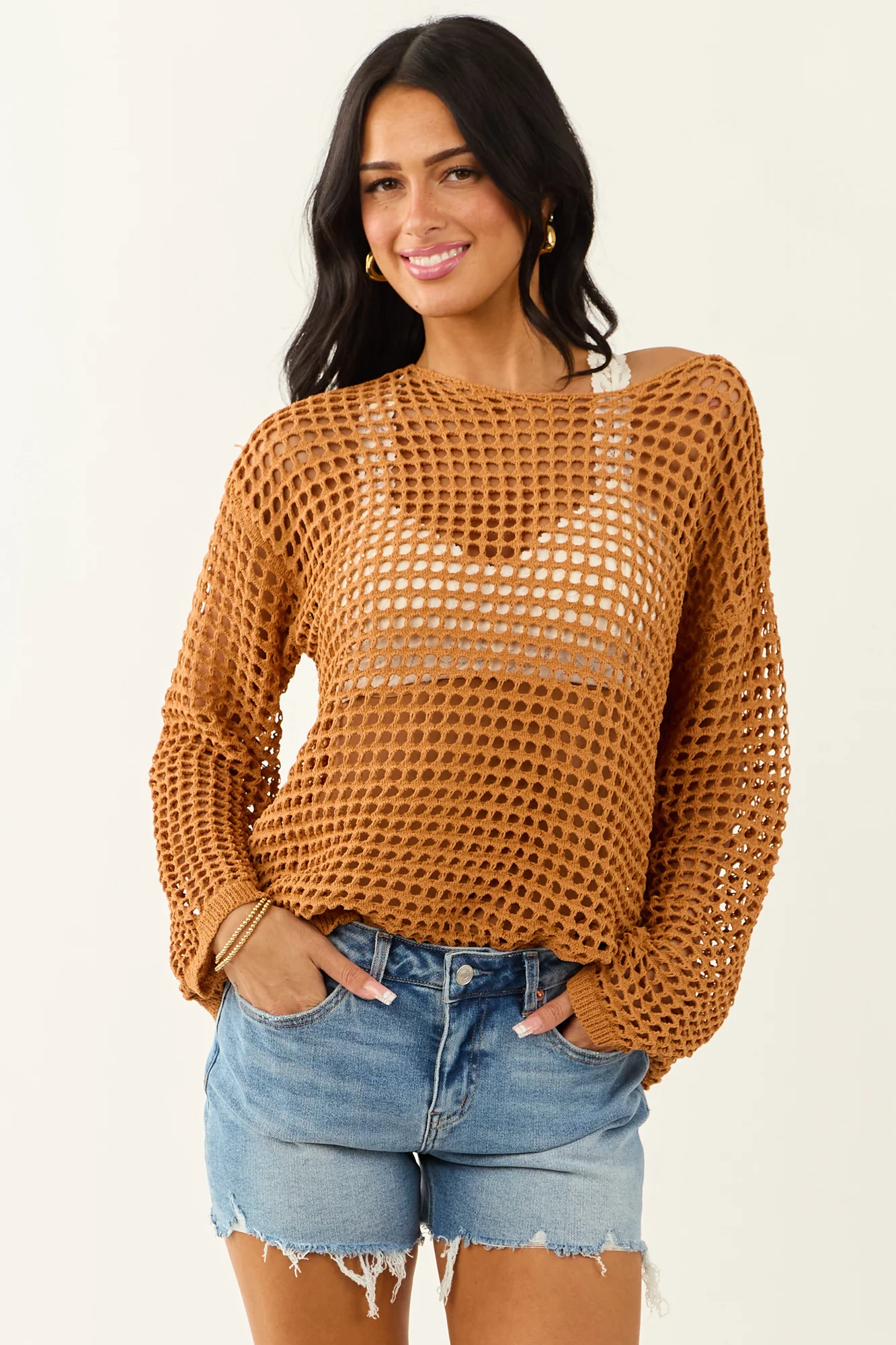 Cozy Brown Crochet Round Neck Long Sleeve Top
