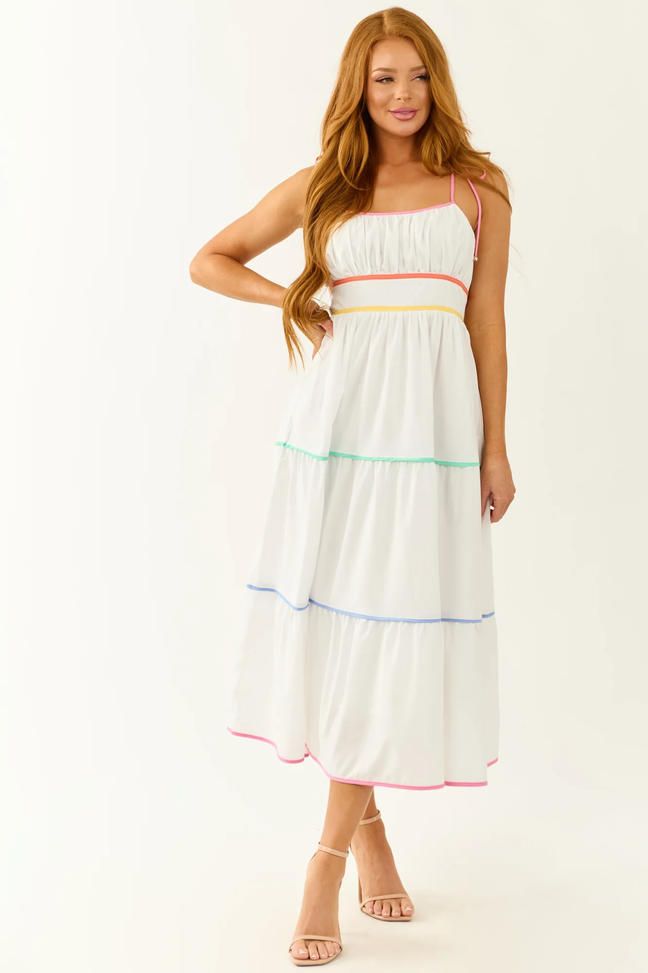 Off White Tiered Sleeveless Midi Dress with Fun Colorful Tiers