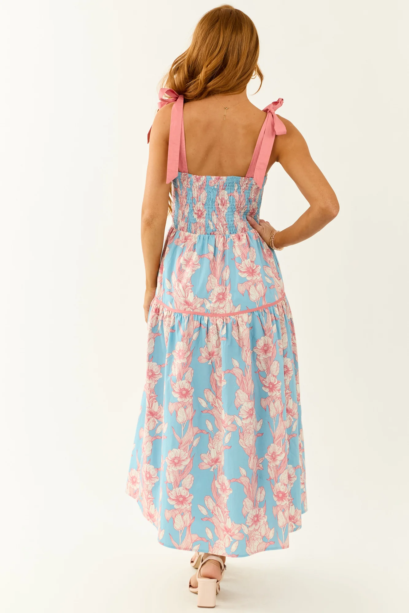 Powder Blue Floral Print Cotton Midi Dress