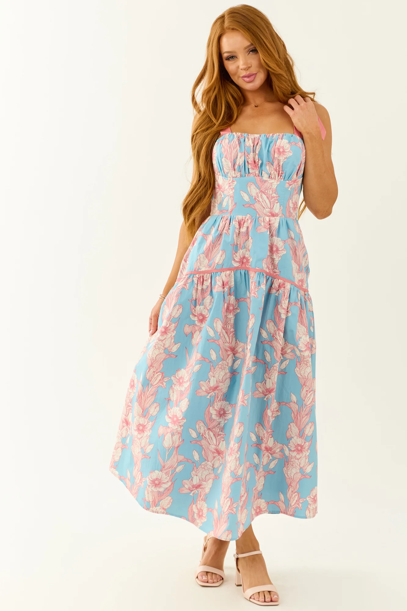 Powder Blue Floral Print Cotton Midi Dress