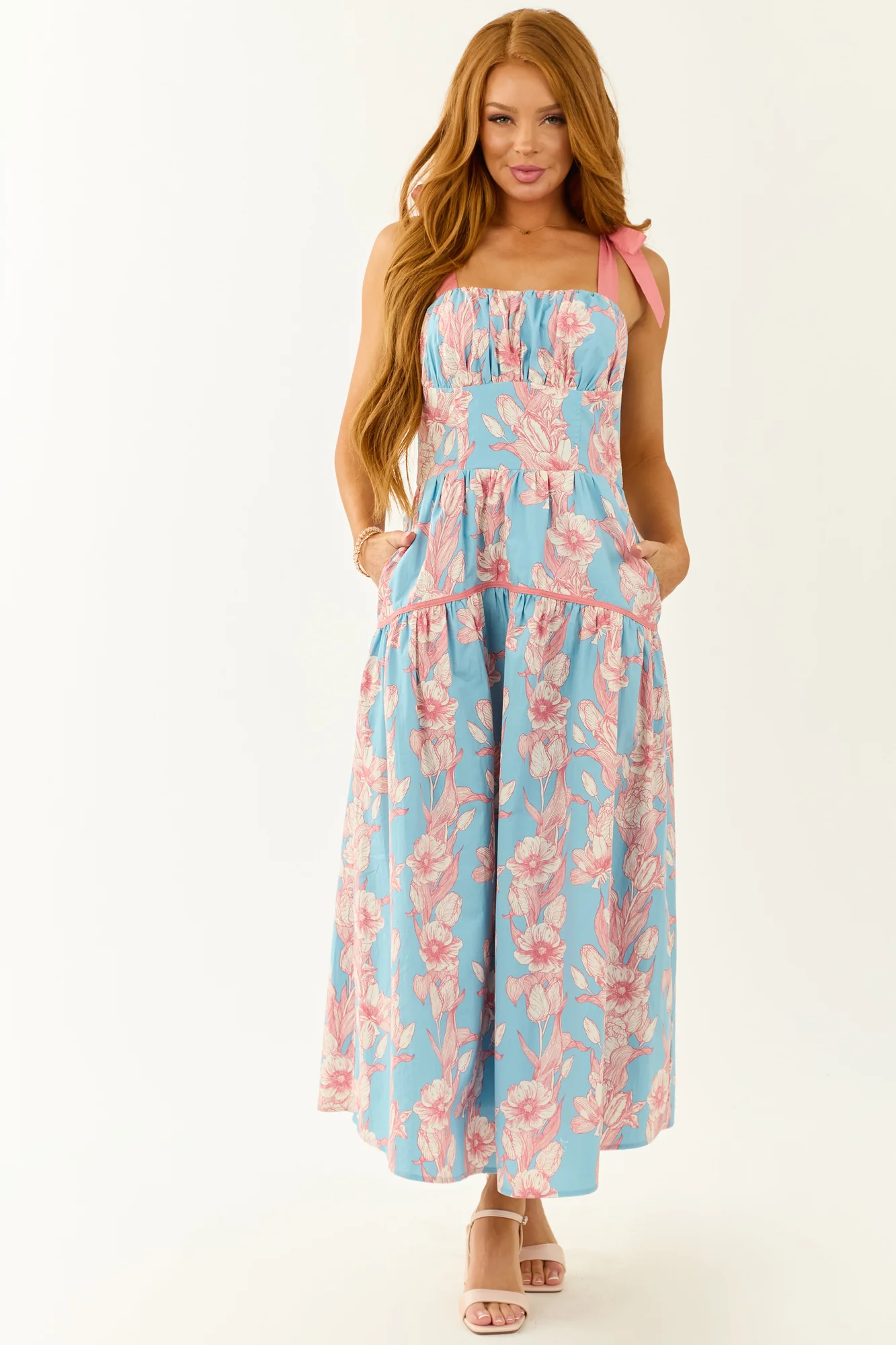 Powder Blue Floral Print Cotton Midi Dress