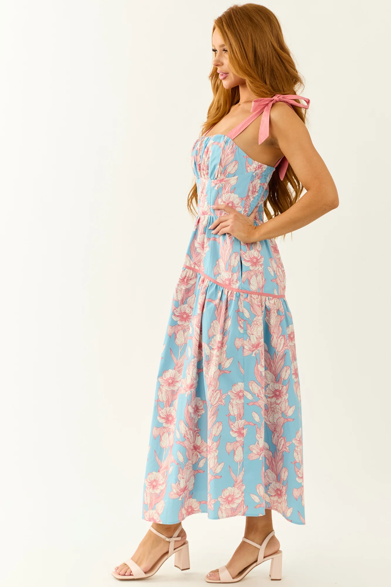 Powder Blue Floral Print Cotton Midi Dress