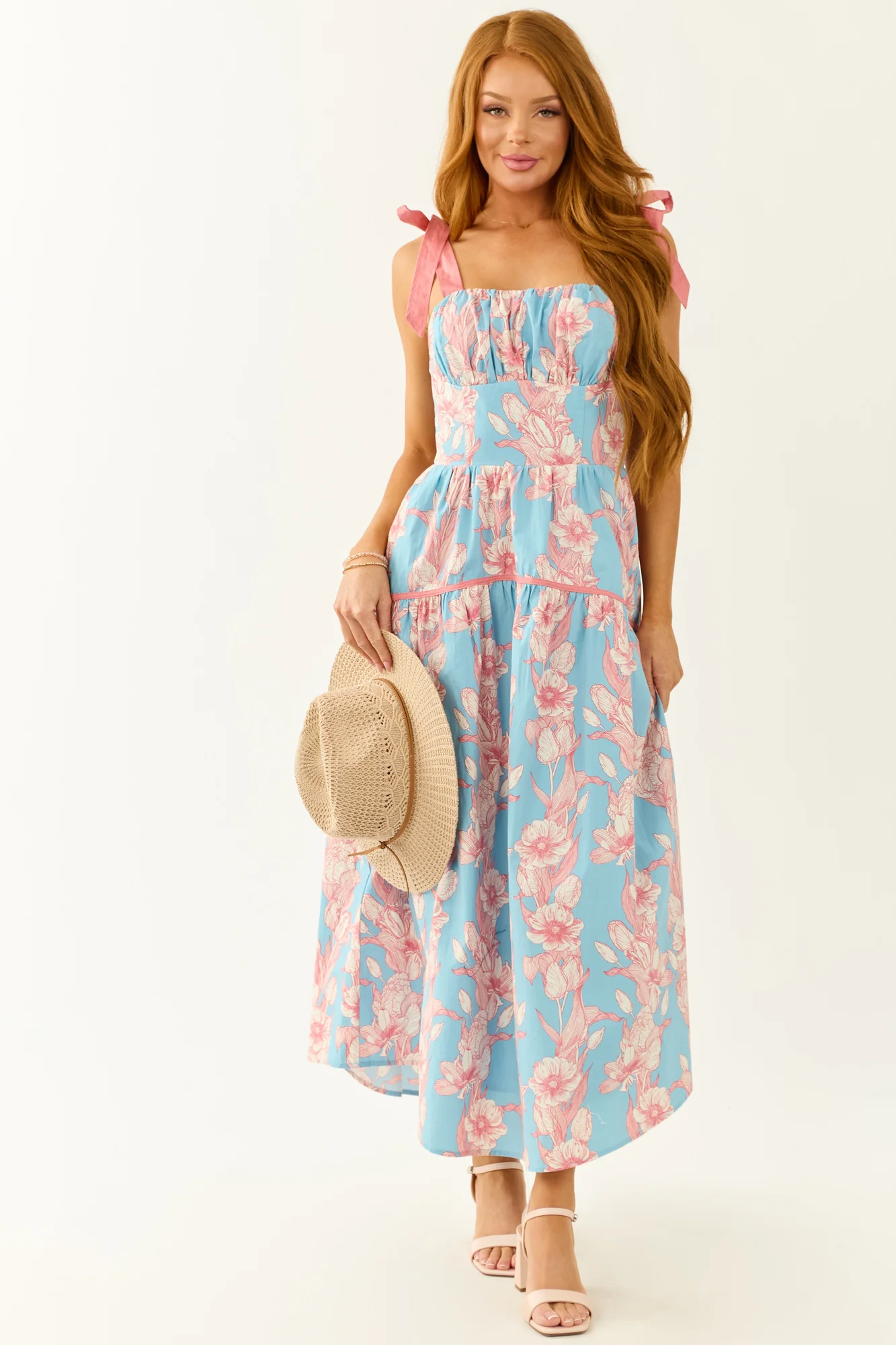 Powder Blue Floral Print Cotton Midi Dress