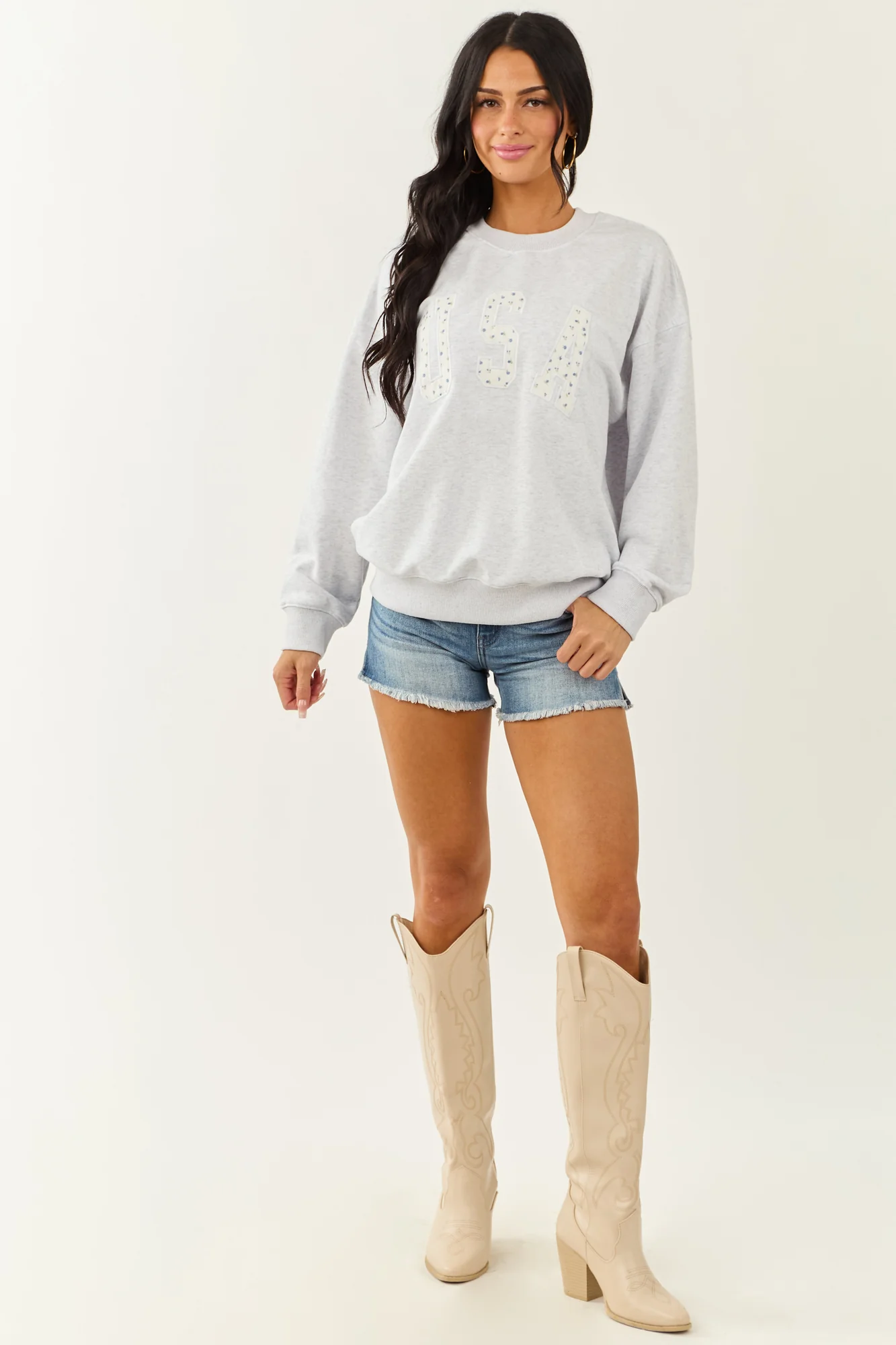 USA Patchwork Graphic Sweatshirt in Dove Grey