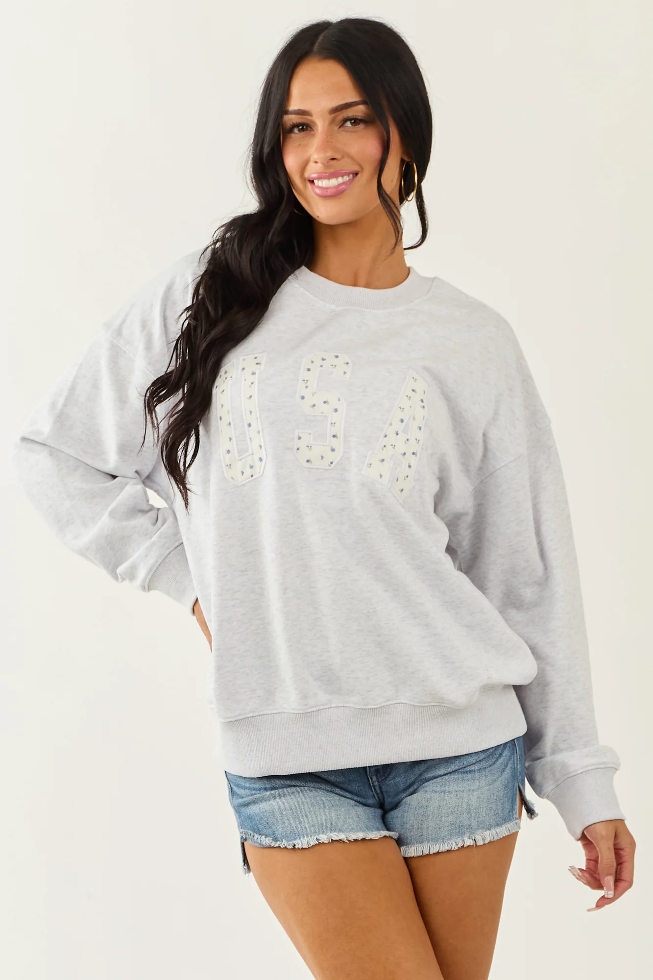 USA Patchwork Graphic Sweatshirt in Dove Grey