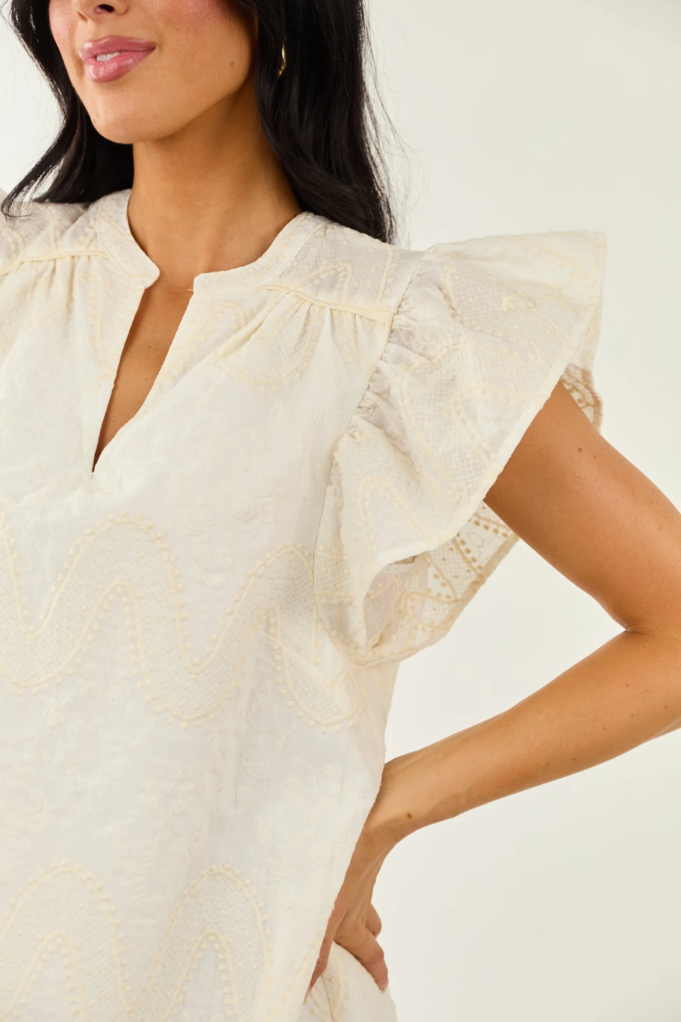 Cream Embroidered Ruffle Sleeve Shift Mini Dress