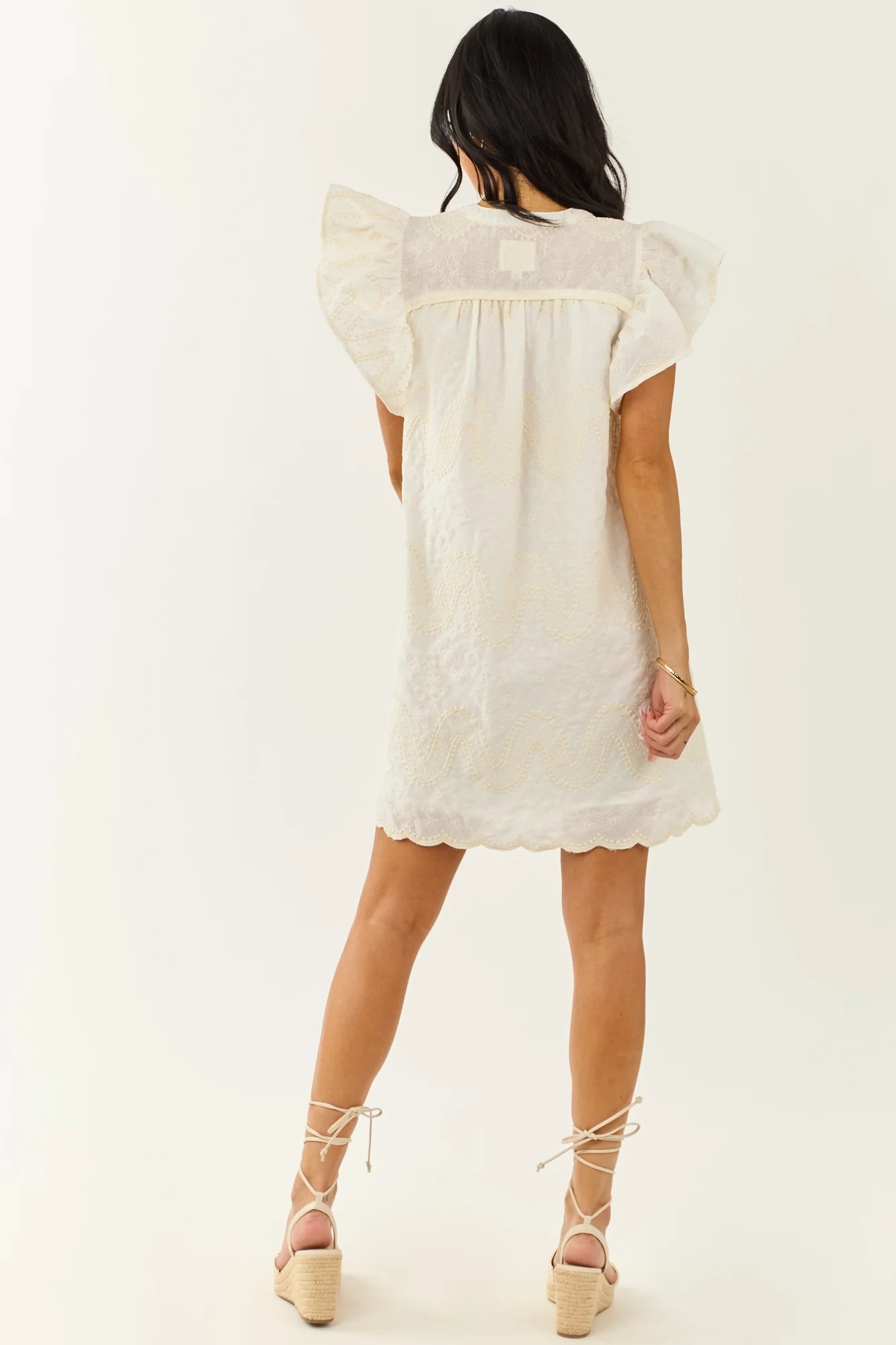 Cream Embroidered Ruffle Sleeve Shift Mini Dress