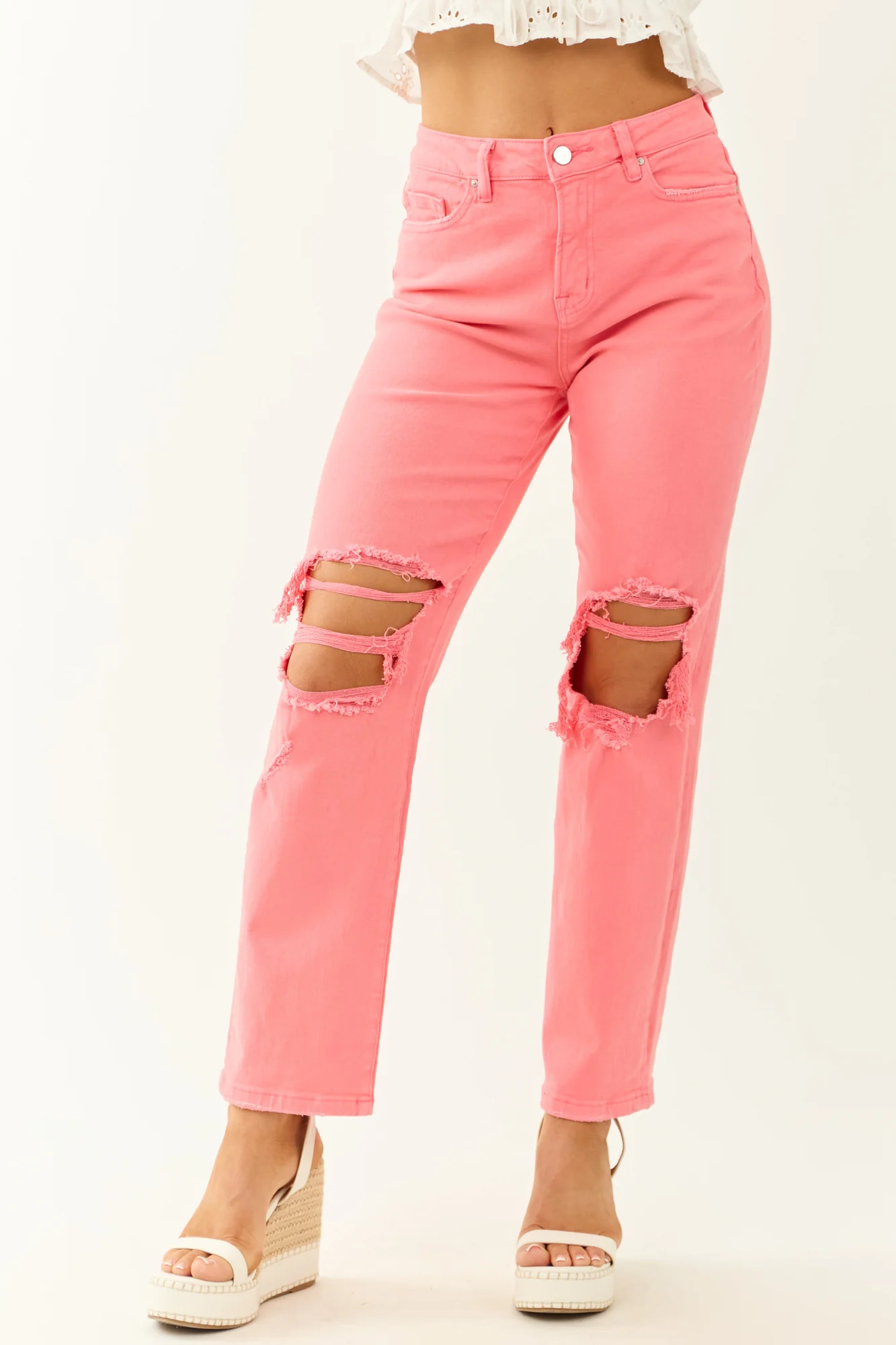 Stretchy Pink Distressed Straight Leg Jeans