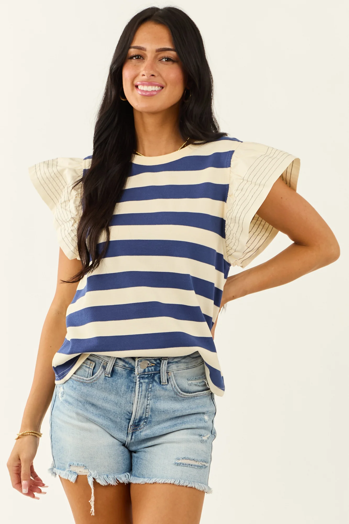 Nautical Striped Ruffle Sleeve Top in Navy and Cream