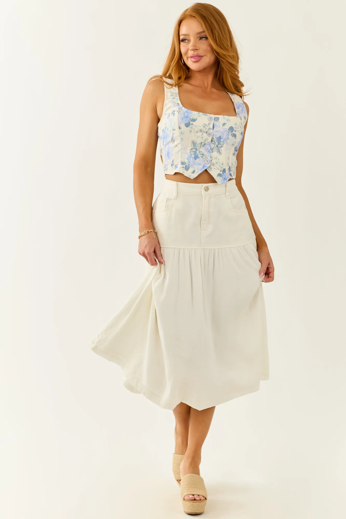 White Denim Midi Skirt with Elastic Waistband