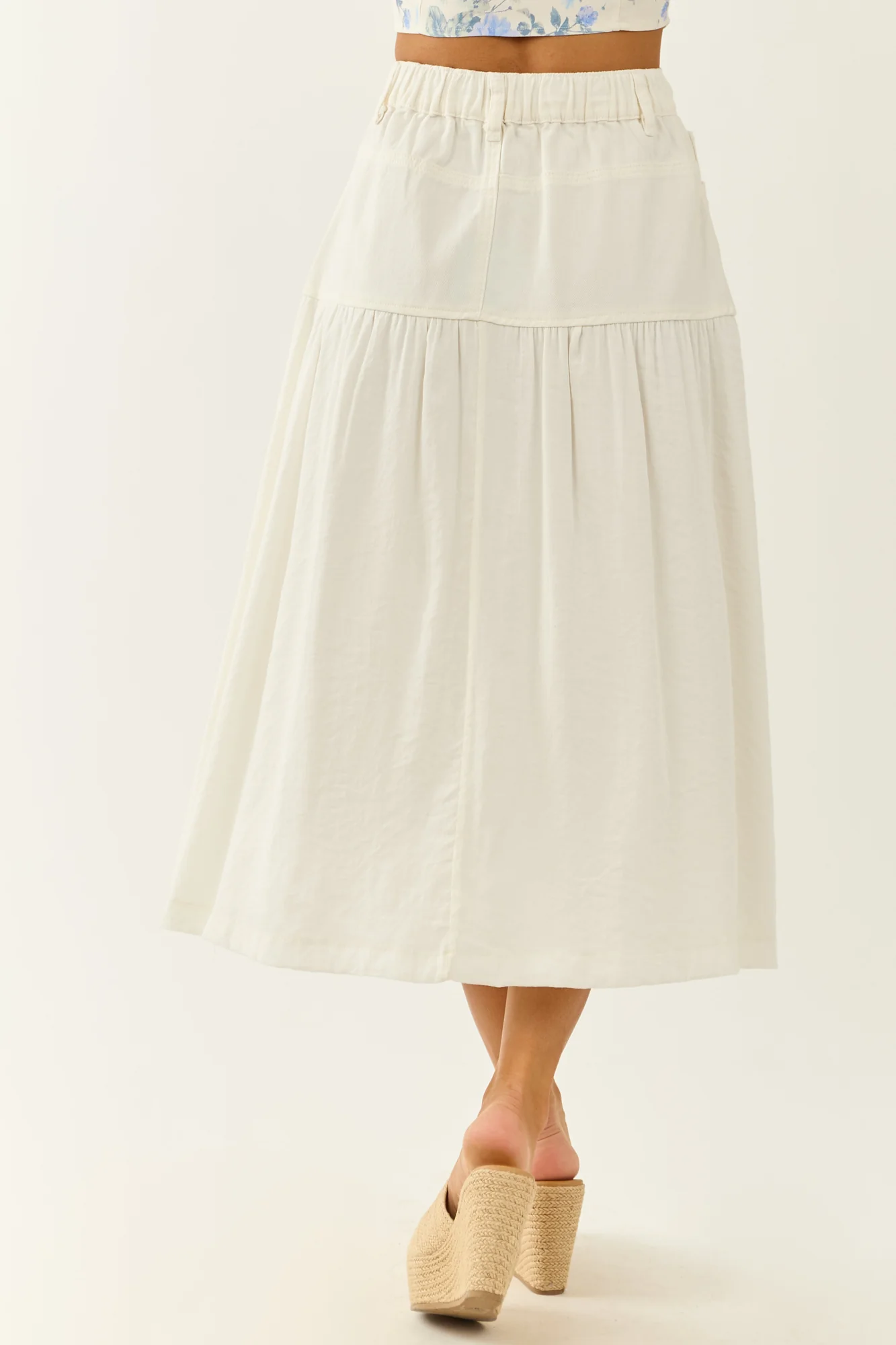 White Denim Midi Skirt with Elastic Waistband