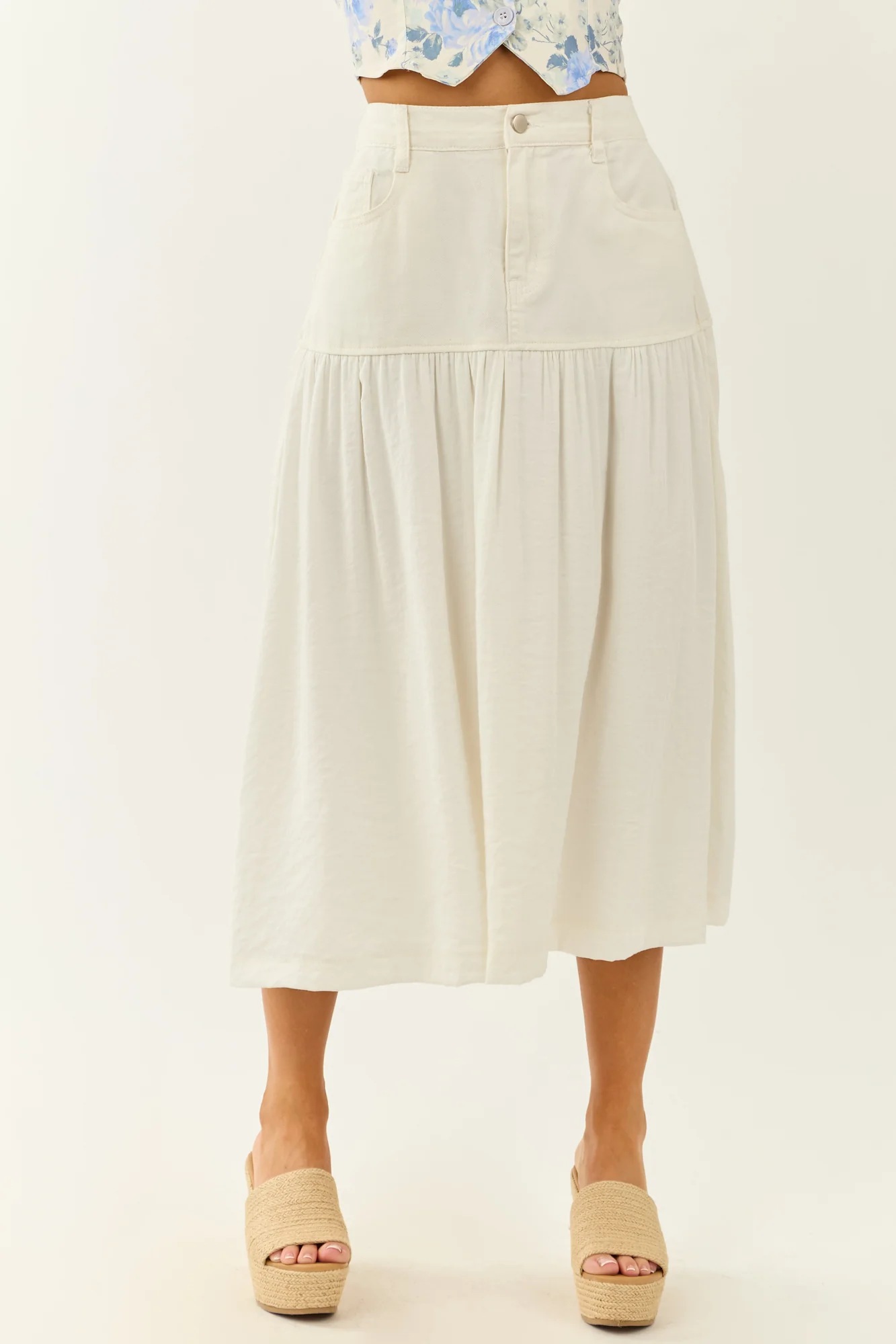 White Denim Midi Skirt with Elastic Waistband