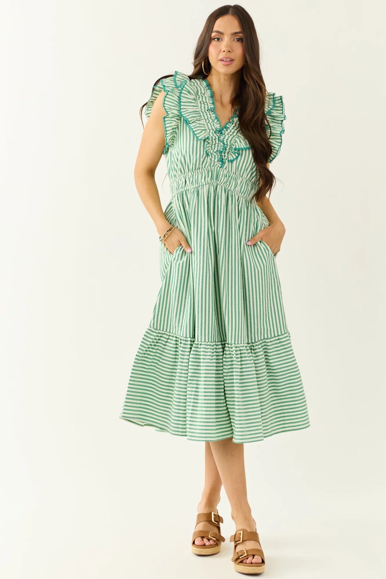 Striped Ruffle Cap Sleeve Cotton Blend Summer Midi Dress