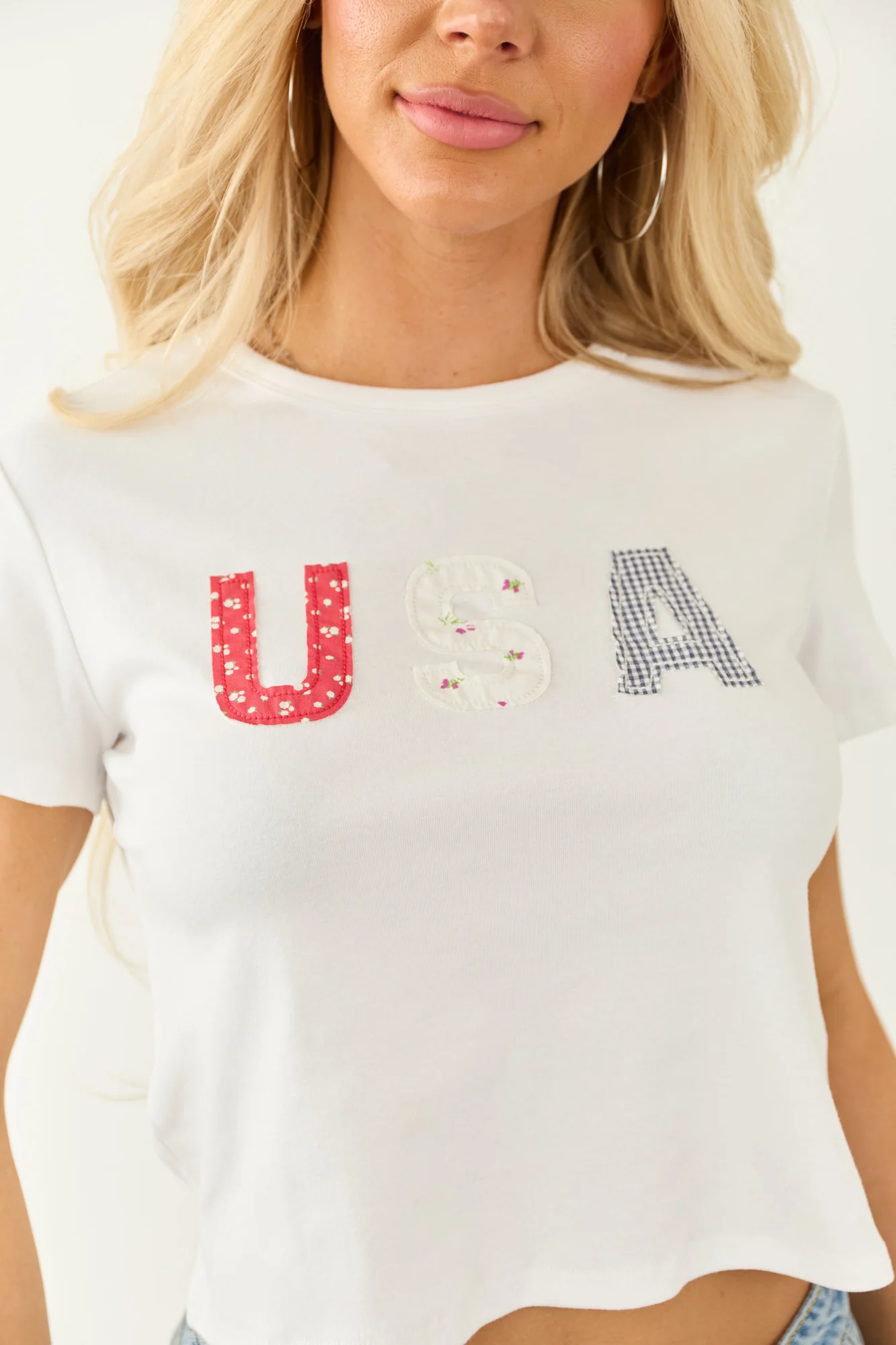 Patriotic Graphic Short Sleeve Top in Off-White Color