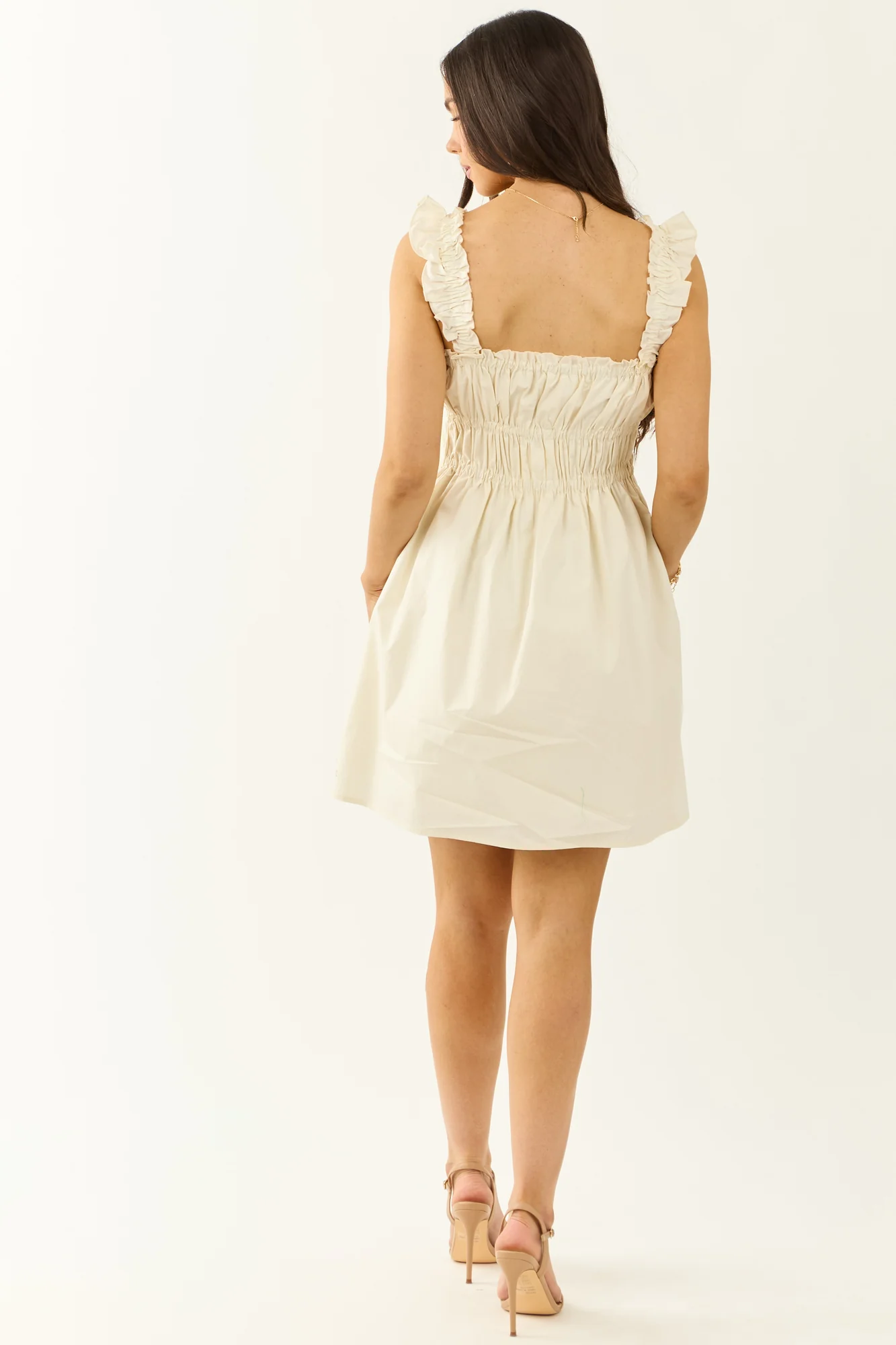 Cream Cotton Pleated Cap Sleeve Mini Dress